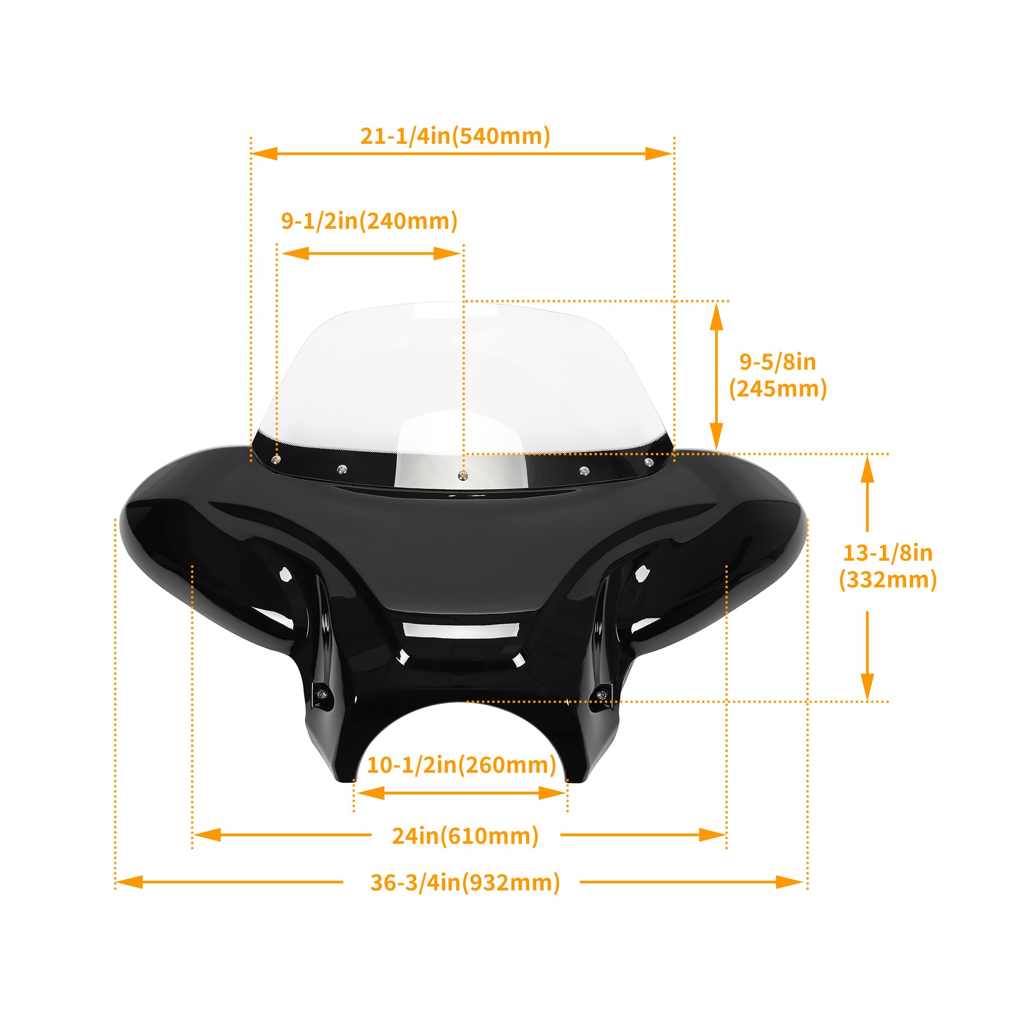 ECOTRIC Universal Motorcycle Cruiser Front Outer Fairing Batwing w/Clear Windshield 37" Wide x 24" Tall Bat Wing Transparent Black ABS Plastic Durable