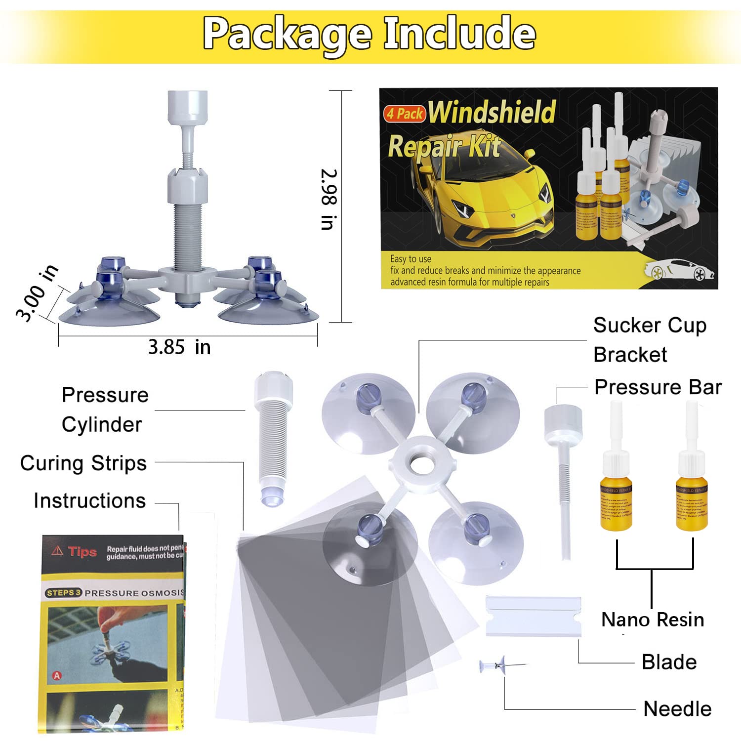 Windshield Repair Kit, Upgraded Windshield Crack Repair Kit 4 Pcs, Windshield Repair Kit for Chips and Cracks, Car Glass Repair Kit Quick Fix for Chips, Cracks, Star-Shaped, Bulls-Eye New Versions