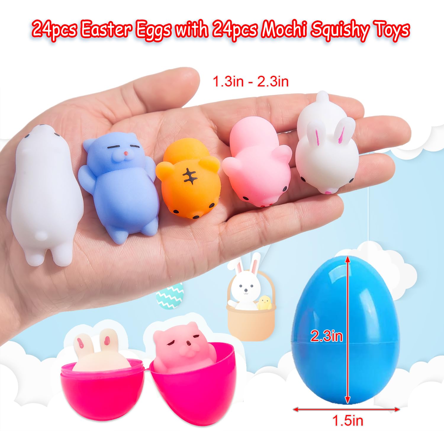 24 Pack Fillers Easter Eggs with Mochi Squishy Toys Surprise Mini Kawaii Animal Squishies Stress Relief Toys for Easter Basket Stuffers Hunt Theme Party Favors Classroom Prize Supplies