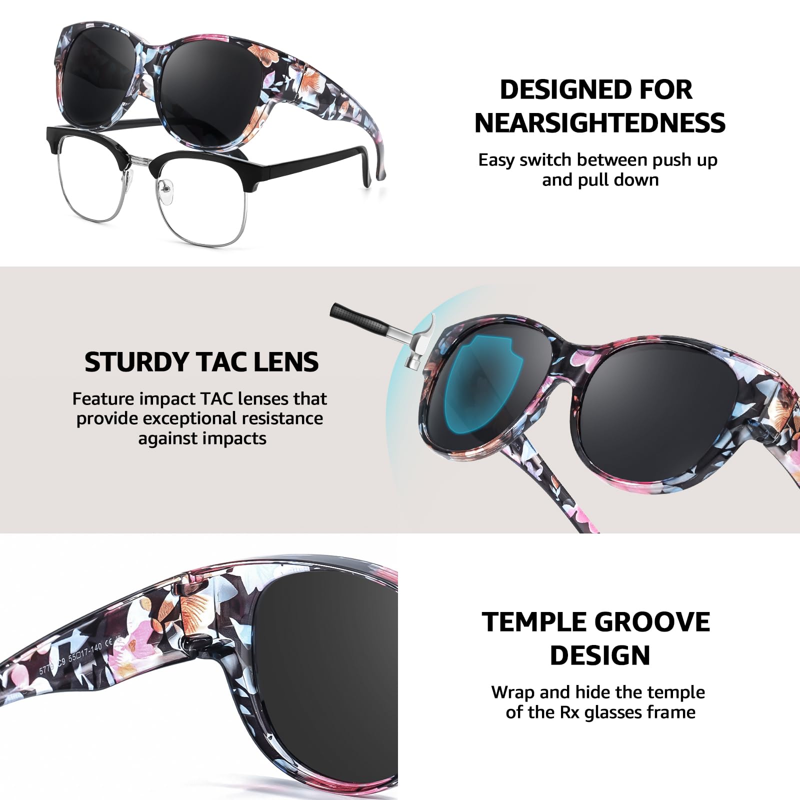 TJUTR Polarized Fit Over Sunglasses for Women, Trendy Sun Glasses Over Prescription Glasses UV400 Protection TS5779 (A1 Floral/Grey)