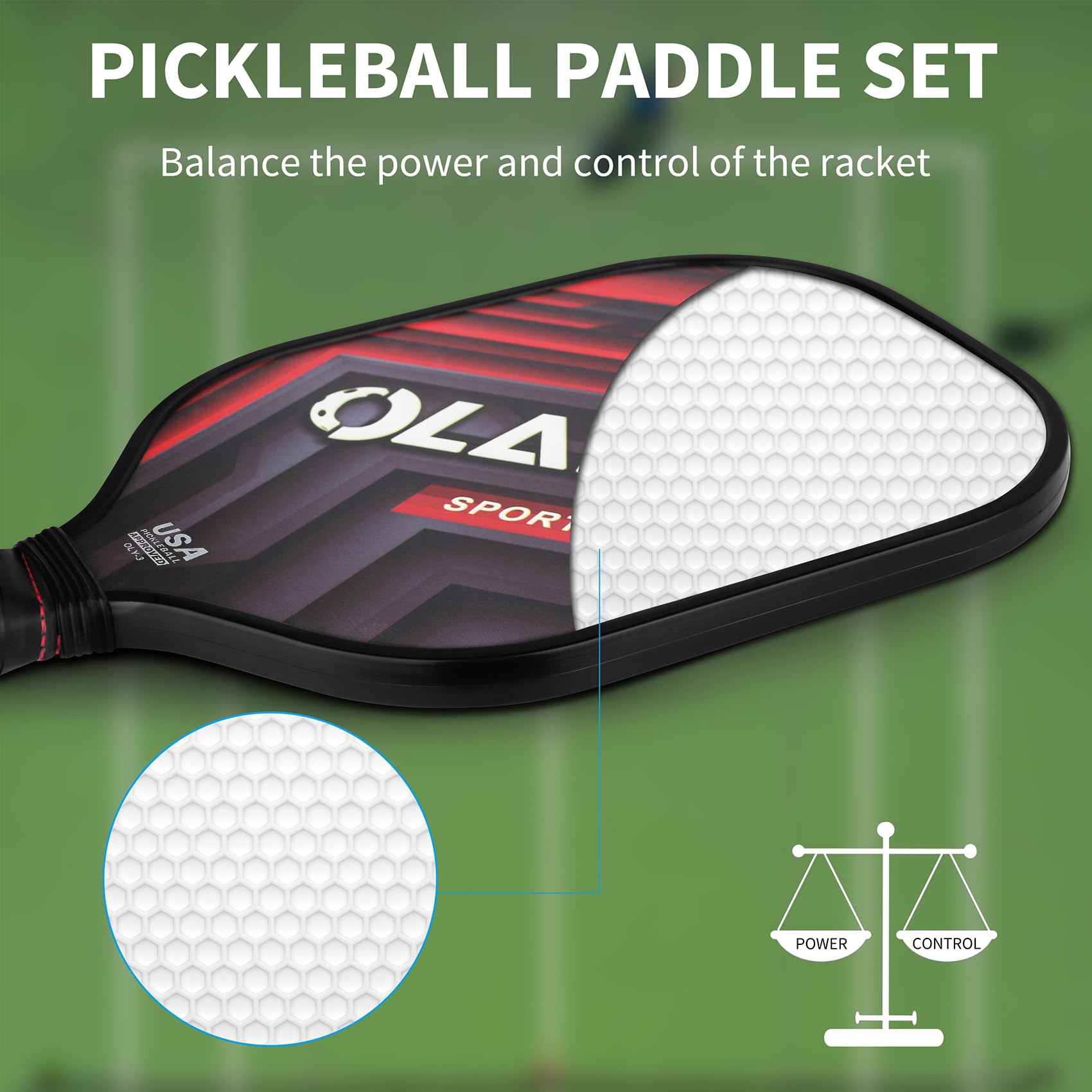 OLANNY Pickleball Paddles Set | Pickleball Set includes 4 Pickleball Paddles + 6 Balls+ 4 Replacement Soft Grip + 1 Portable Carry Bag | Premium Rackets Face & Polymer Honeycomb Core