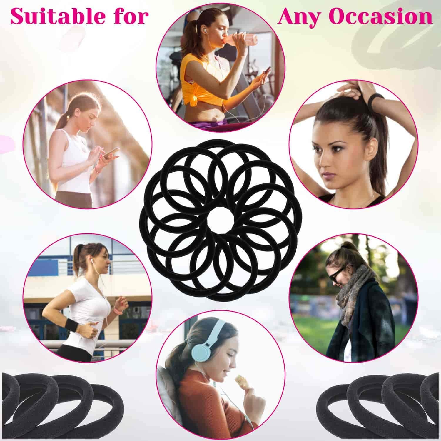 Anezus 50 Pcs Thick Black Hair Ties Large Elastics Bulk Hair Ties Stretch Hair Bands Ponytail Holders for Thick Heavy and Curly Hair