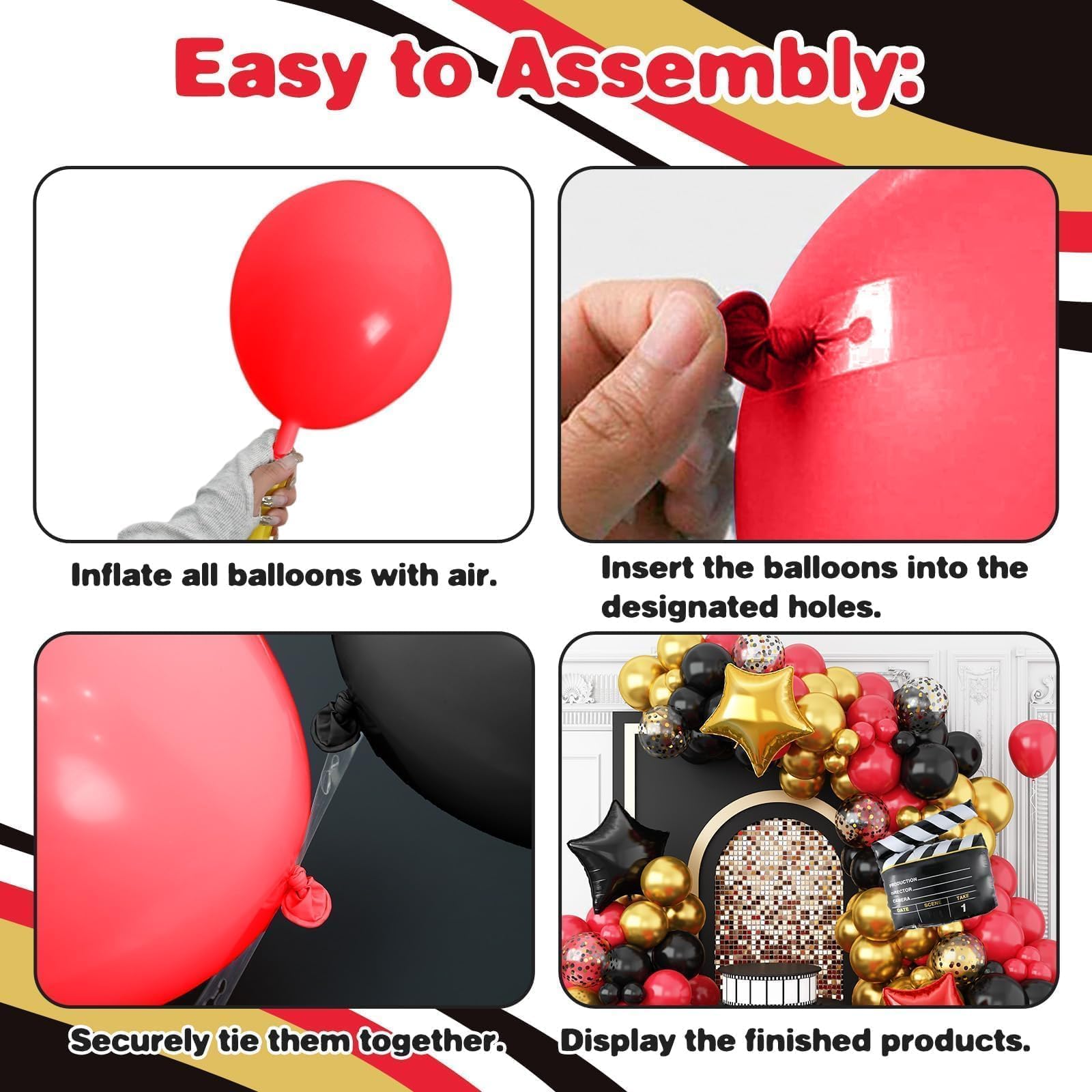 Movie Night Balloon Garland Arch Kit, Red Black Gold Balloons with Camera Star Foil Popcorn Flim Clapperboard Balloons for Birthdays Anniversaries Movie Theater Film Party Decorations