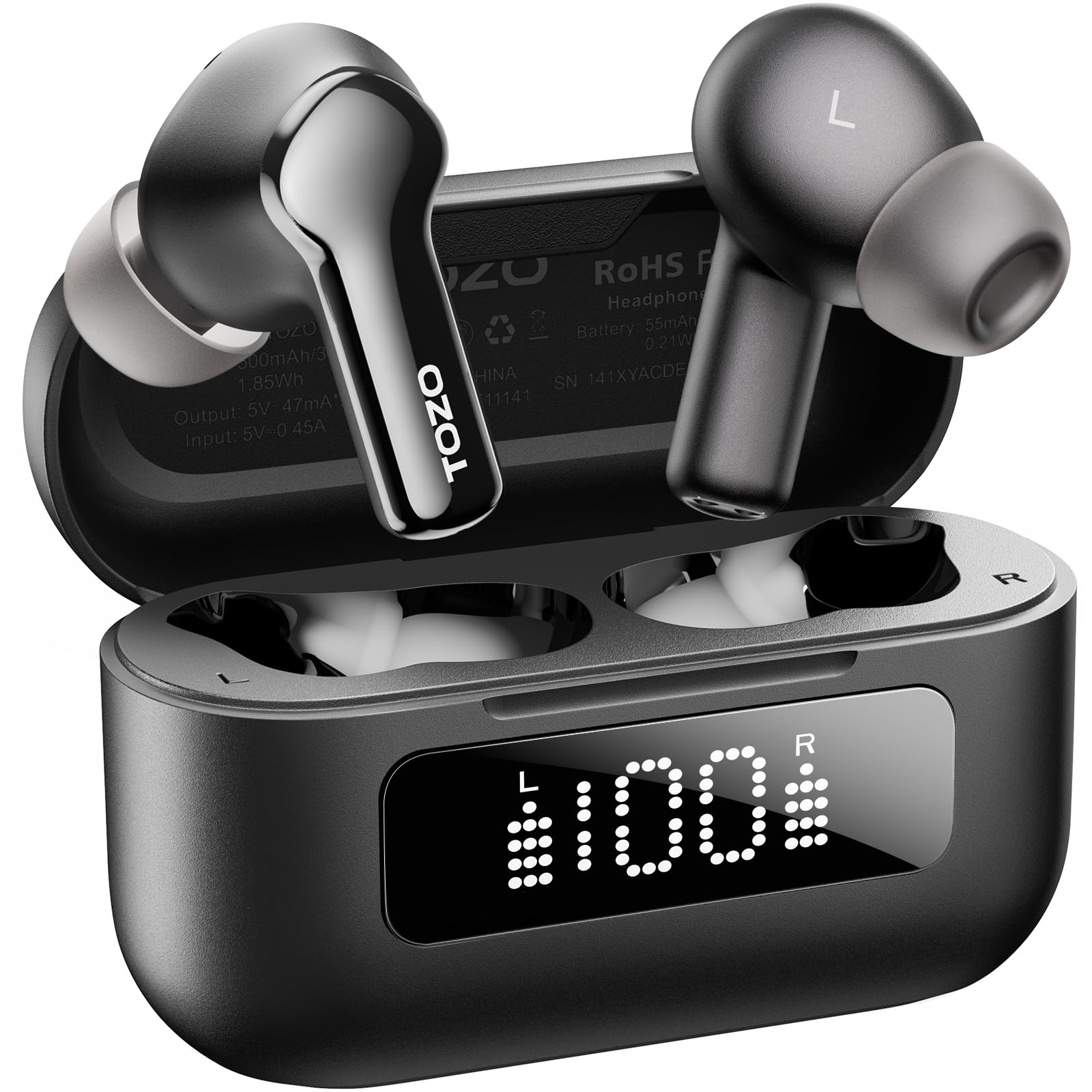 TOZO Hybrid Active Noise Cancelling Wireless Earbuds, 6 Mics Smart Noise Cancelling 55H Playtime, 32 Preset EQs via APP, Bluetooth 5.3 ENC AI Call Ear buds, IPX8 Waterproof Headphones with LED Display