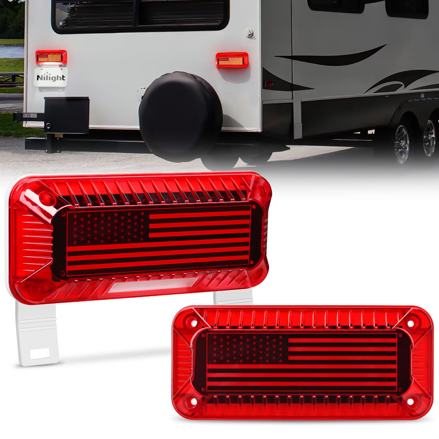 Nilight LED RV Tail Light 2PCS 72 LED Red Running Stop Brake Turn Signals Light White License Plate Light Surface Mount Waterproof Taillights for RV Caravan Camper Van