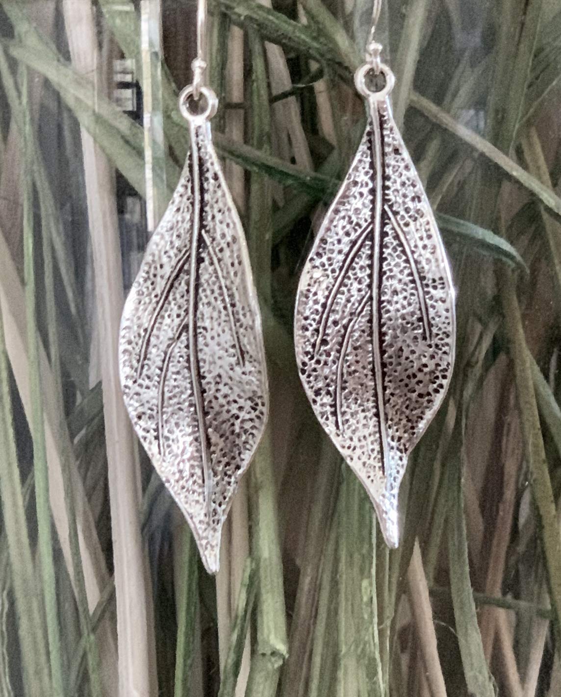 Wavy Leaf on Sterling Silver Dangle Earrings Bohemian Boho