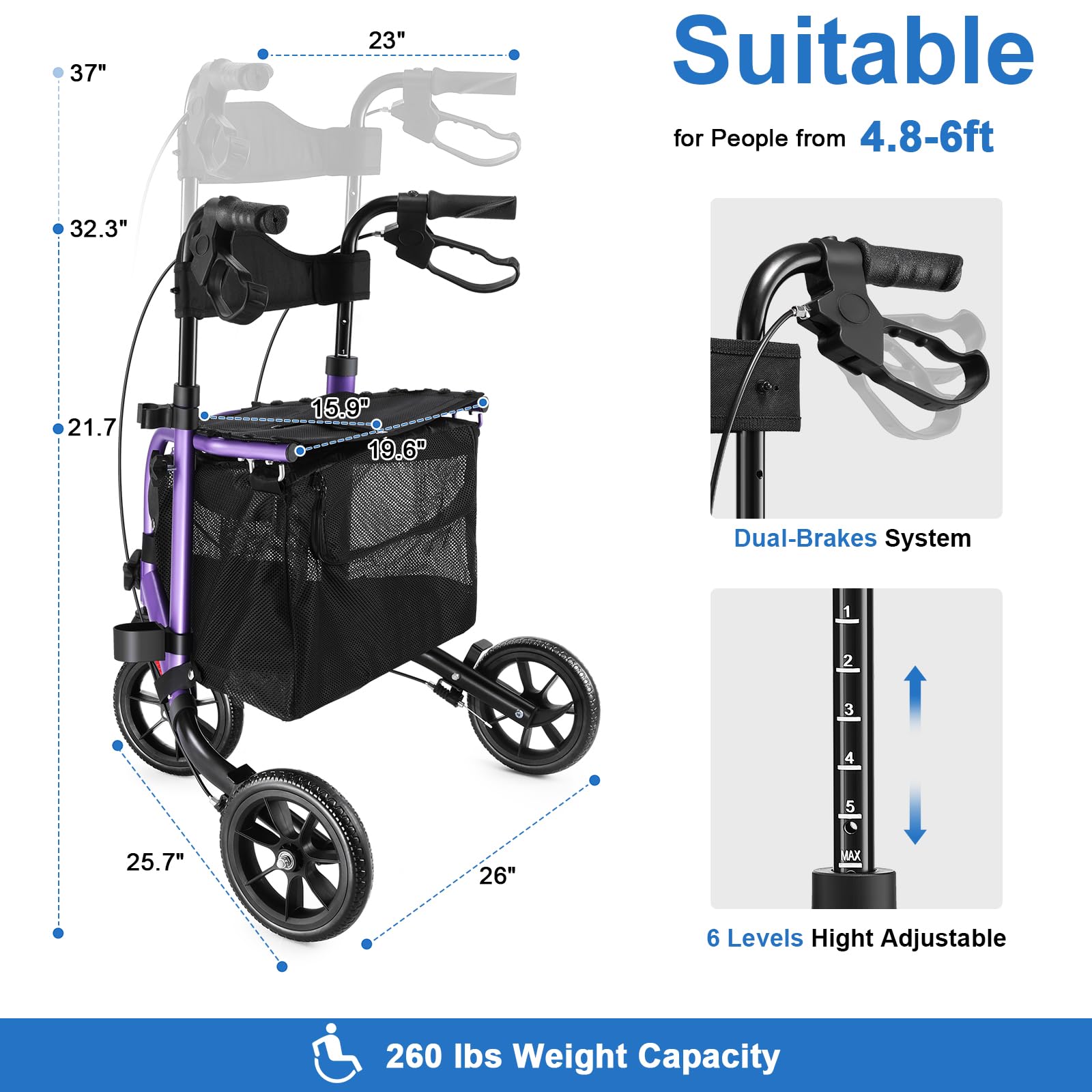 WALK MATE 3 Wheel Rollator Walker with Seat for Slim Seniors, Padded Backrest Lightweight Foldable Travel Walker Ideal for Elderly, 8 Inch Tri-Wheel Modern Mobility Walking Aid Aluminum, Purple