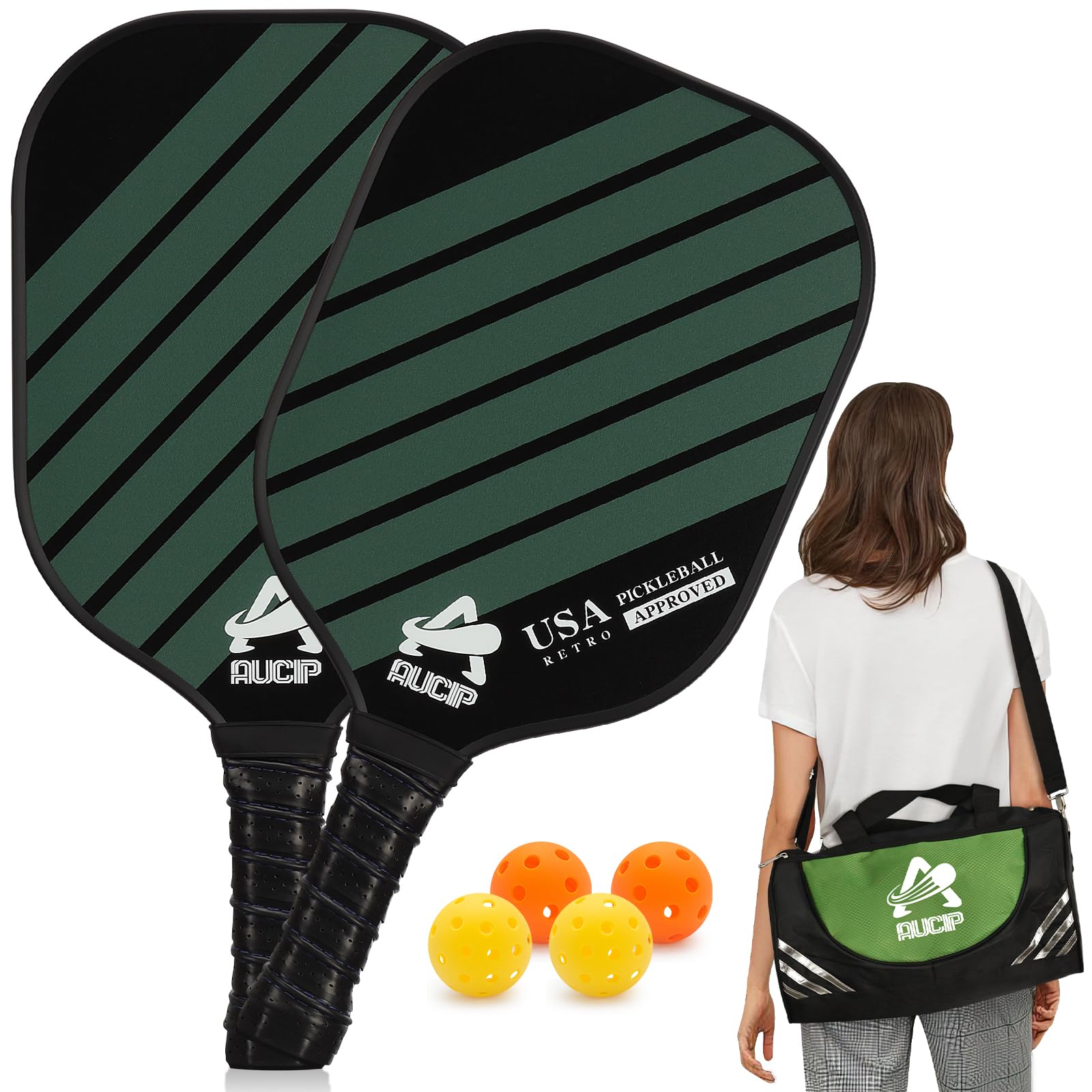 AUCIP Pickleball Paddles Set of 2 with Balls and Bag | Featuring a Multilayer Fiberglass Pickleball Paddle Face | 13MM PP Honeycomb Core | USAPA Approved Pickleball Rackets Set for Women, Men