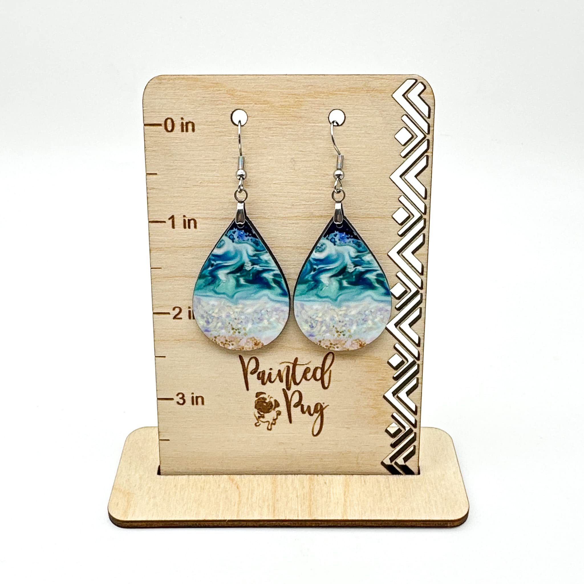 Beach Earrings for Women Summer Ocean Teardrop Dangling Gift for Her Jewelry Mothers Day Gift Teal Beige Turquoise Handmade by The Painted Pug (Original Beach Large Single Pair)