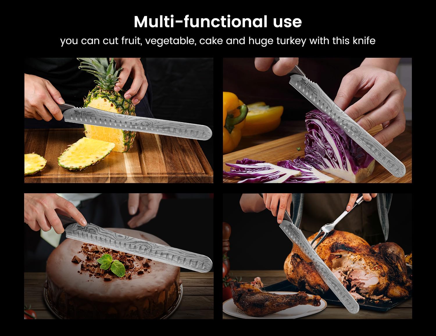 SYOKAMI Multifunction Carving Knife, 12 Inch High-Carbon Japanese Style Brisket Knife with Wood Handle, Damascus Pattern Full Tang Design, Razor Sharp Slicing Knife for Meat Cutting with Gift Box