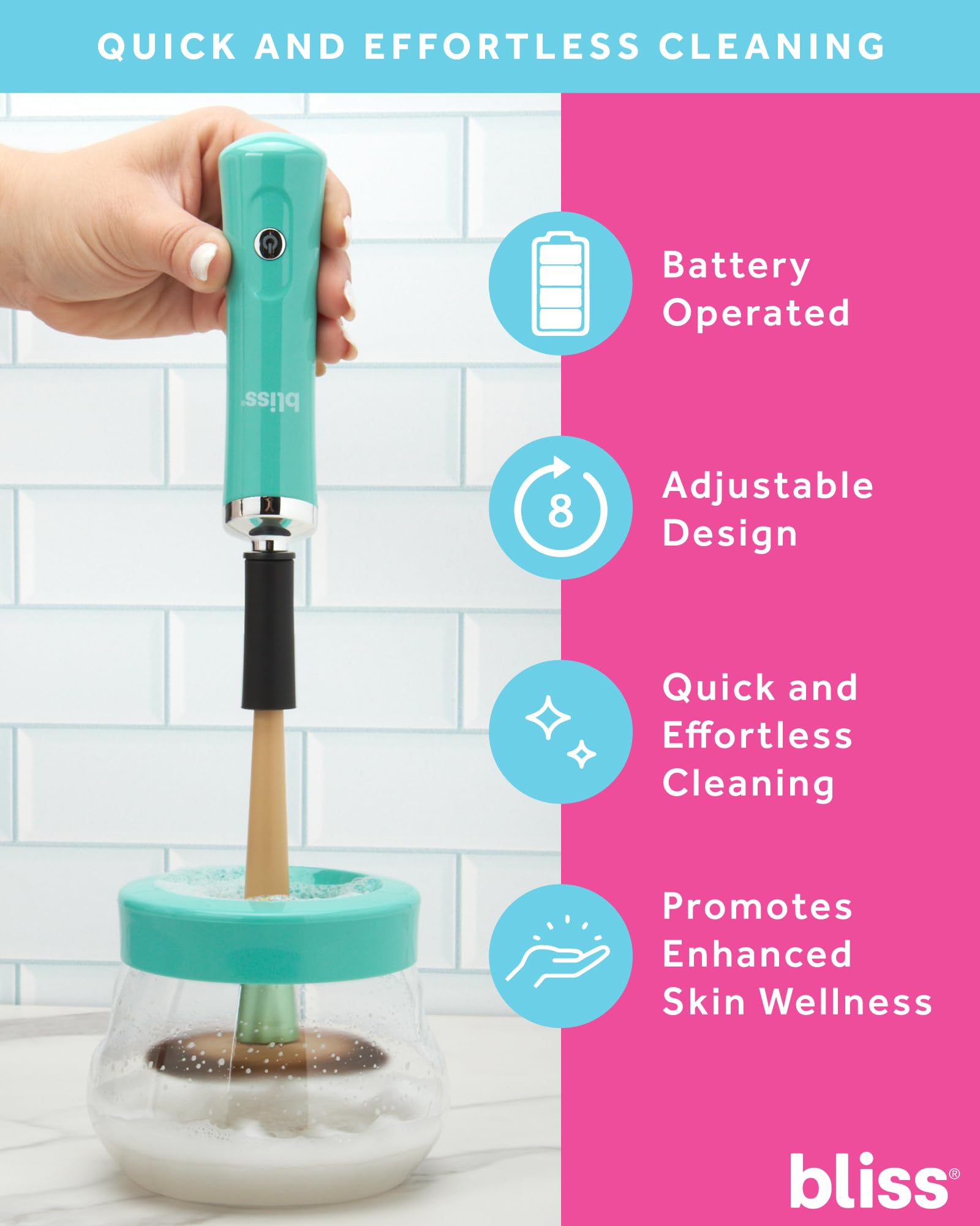 Bliss Electric Makeup Brush Cleaner - Automatic Spinning Quick Clean and Dry - Cosmetic Brush Cleaner with Adjustable Design, White/Mint Green