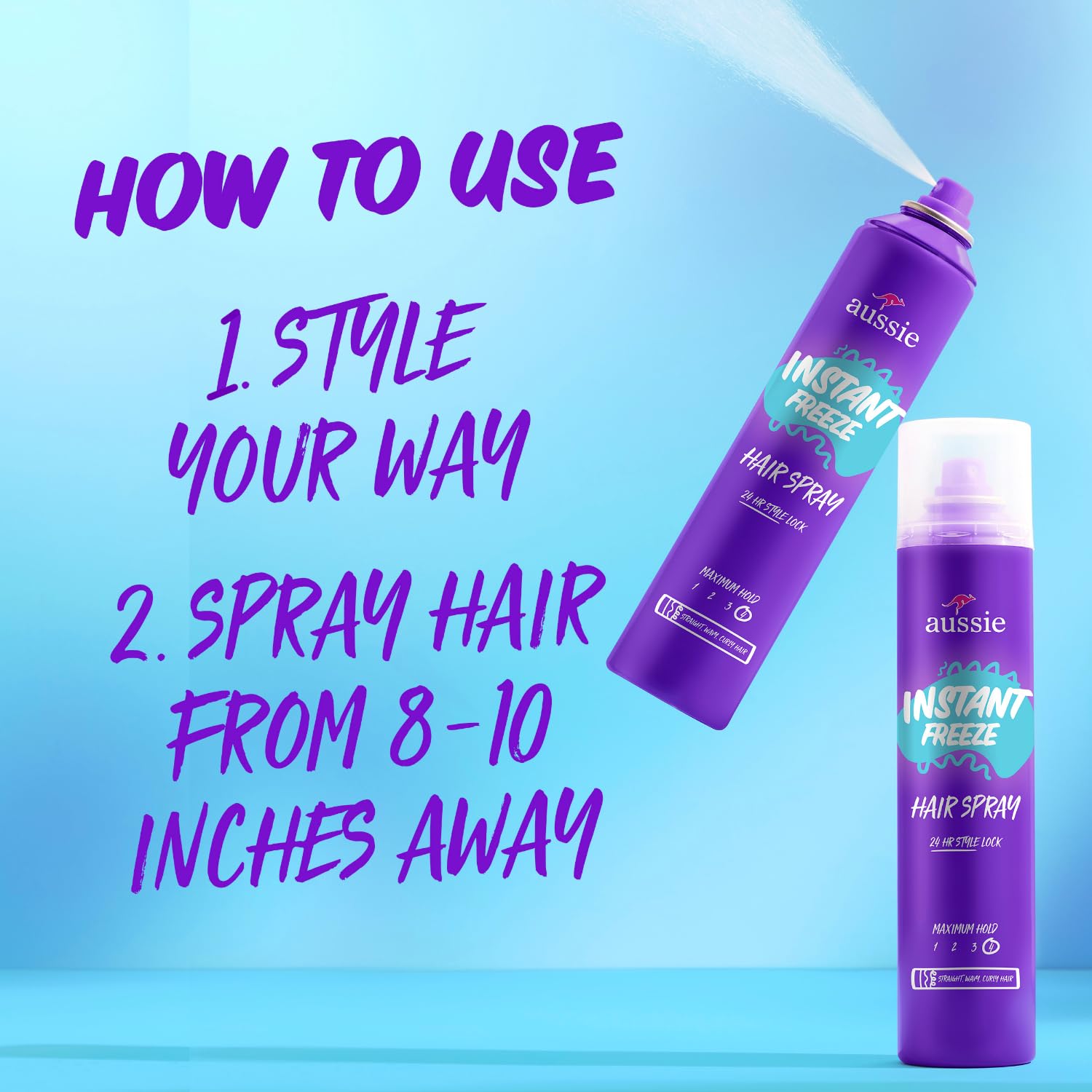 Aussie Instant Freeze Hair Spray for Extreme Hold, Infused with Jojoba Oil & Sea Kelp, Long-Lasting All-Day Hold, Fresh Citrus Scent, Safe for All Hair Types, 10 Fl Oz, 3 Pack