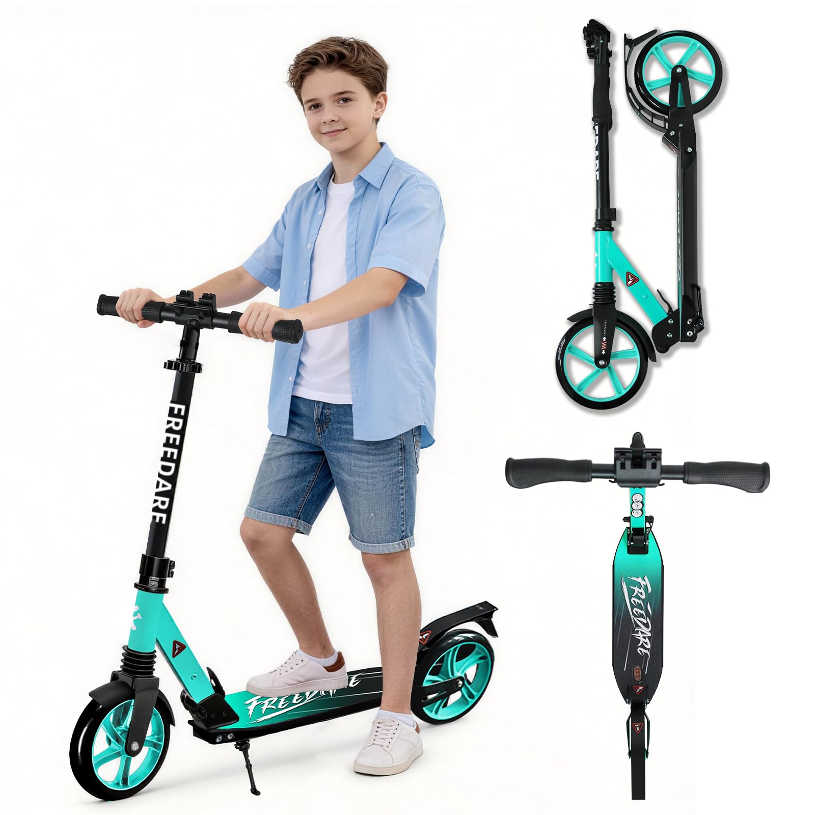 FREEDARE Kick Scooter for Kids & Adults Ages 8+, Foldable Teen Scooter with 2 Big 8-inch Wheels and 4-Level Adjustable Handlebar, Max Load 220 LBS, Green