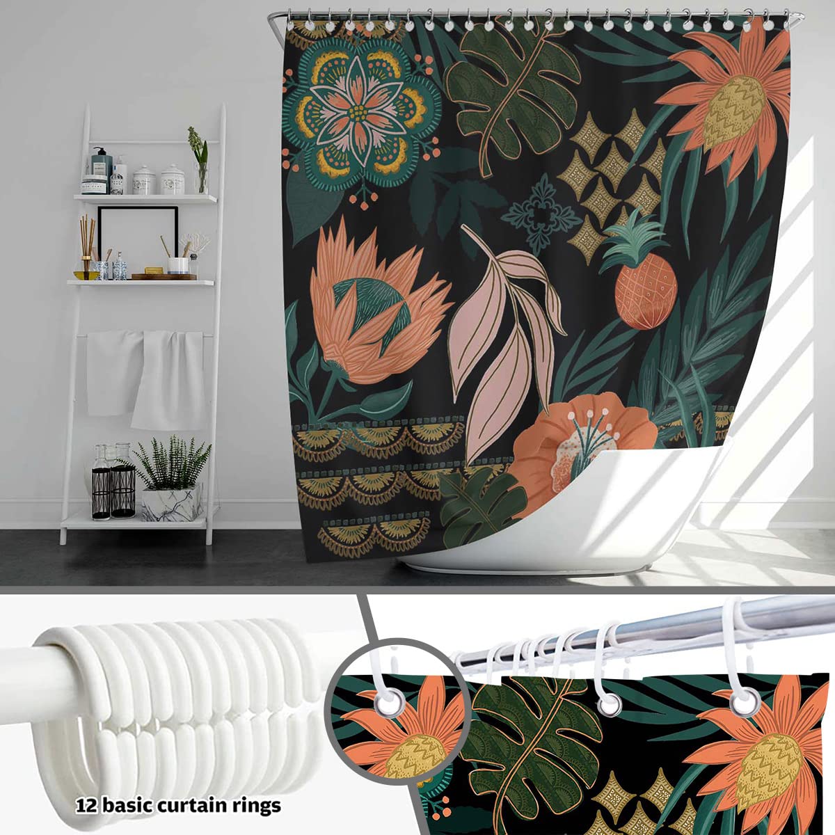 Mocsicka Bohe Floral Shower Curtain Modern Bohemian Plant Leaves Shower Curtain for Bathroom Mid Century Abstract Flowers Shower Curtain Set with 12 Hooks 72x72 Inches