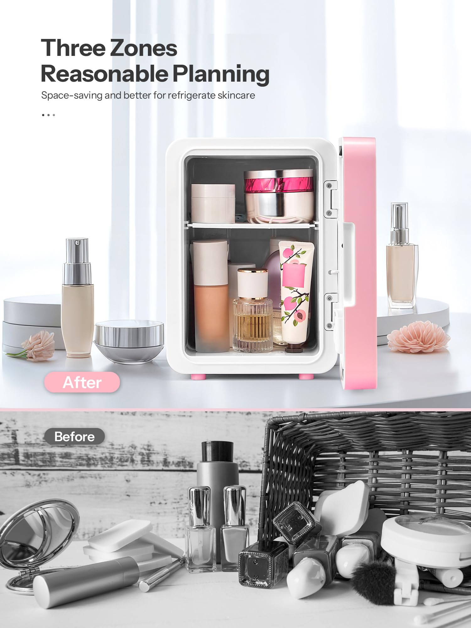 Skincare Fridge, Mini Fridge with Dimmable LED Morror, 6L Makeup Fridge for Bedroom, Car, Office & Dorm, Cooler & Warmer, Portable Small Refrigerator for Cosmetics, Skin Care and Food, Pink