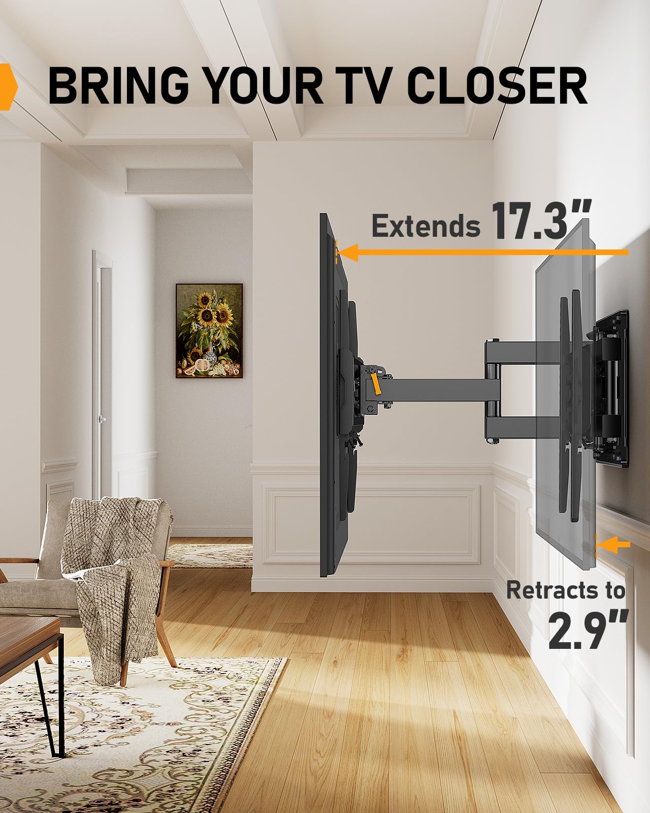 Perlegear Full Motion TV Wall Mount for 32-65 Inch TVs up to 99 lbs, Max VESA 400x400mm, Fits 16”/12” Wood Studs, Adjustable Pre-Assembled TV Wall Mount, Tool-Free Tilt, Swivel & Extension, PGMF21