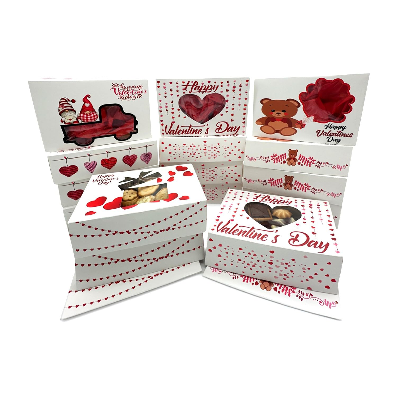 BASHOUT 24 Pcs Valentine’s Day Bakery Cookie Box | SIZE 8.5 x 5.75 x 2.5 Inch Valentine Day Treat Box with Window Cutout | Cupcake and Goody Boxes| Valentine Party Favor Box 4 Design Variety Pack