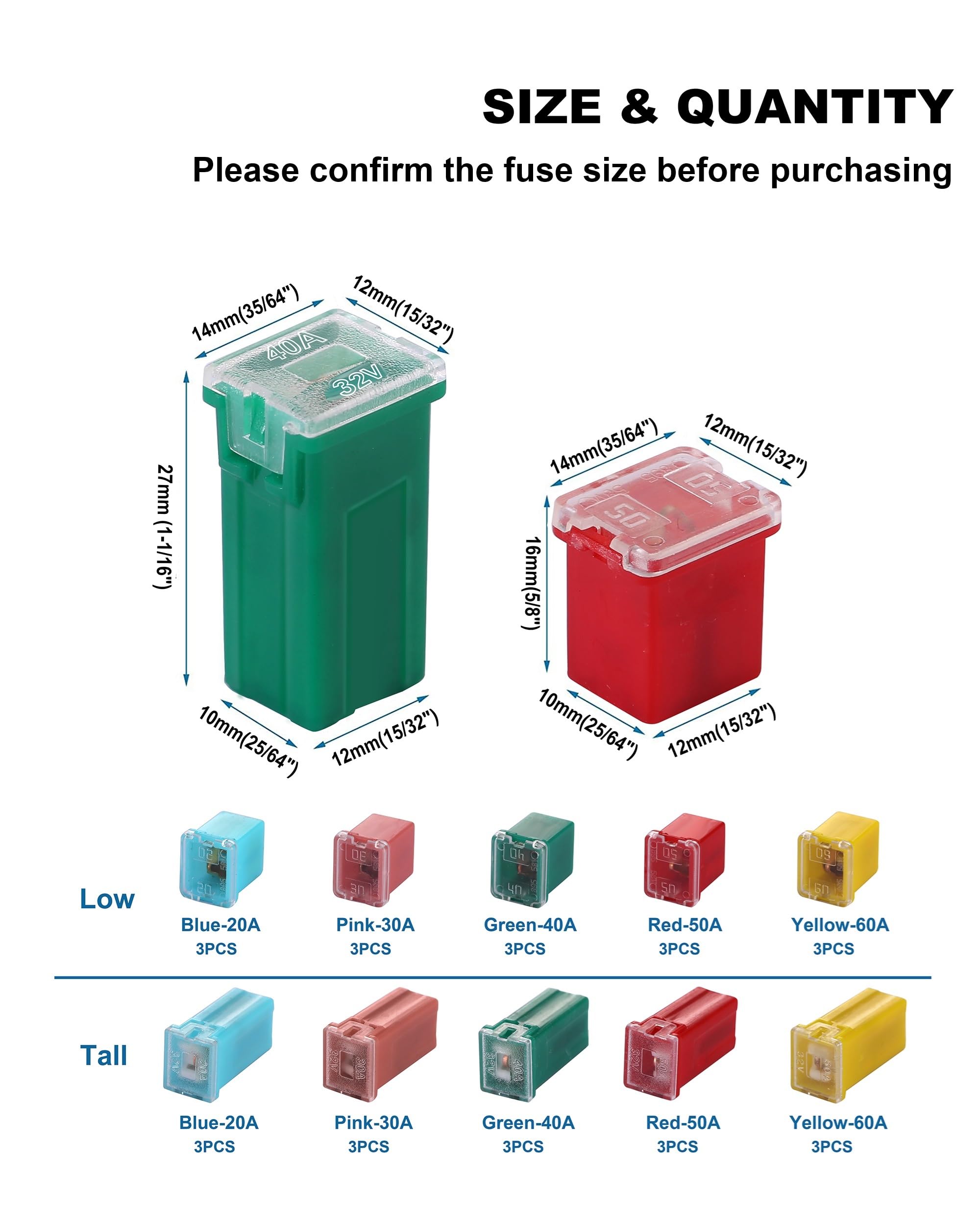 CrocSee 30 Pieces Car Fuses Assortment Kit, Tall/Standard and Low Profile Box Shaped Automotive Fuses for Pickup Trucks, Cars, RVs, and SUVs