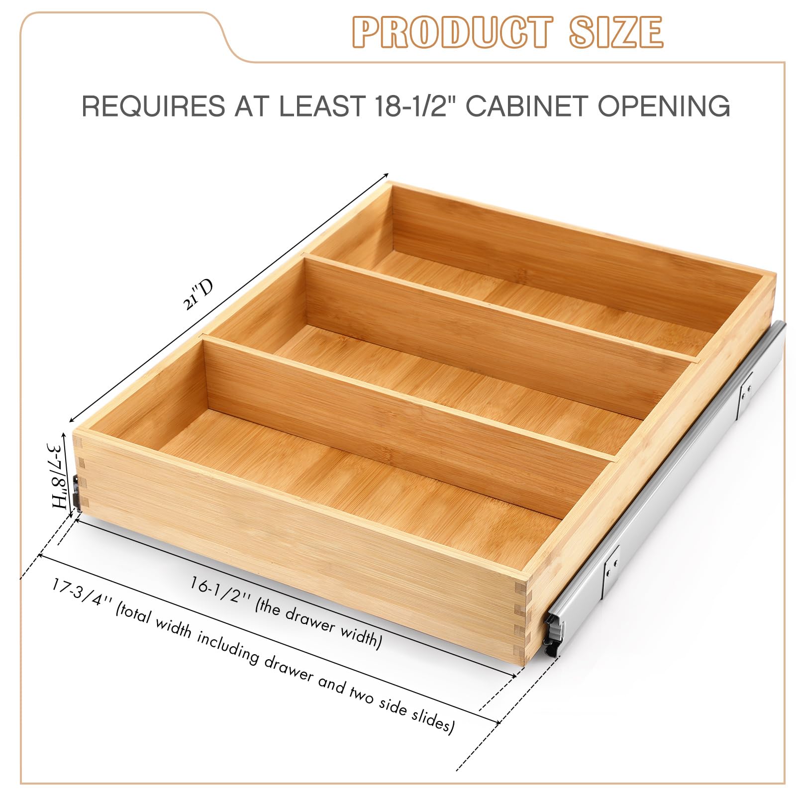 Fabsome Pull Out Cabinet Drawer Organizer for Kitchen, Sliding Bamboo Wood Storage Rack Organization, Gliding Cupboard Shelf for Pantry, Slide Out Spice Rack Container Lid Organizer, 18”W x 21”D