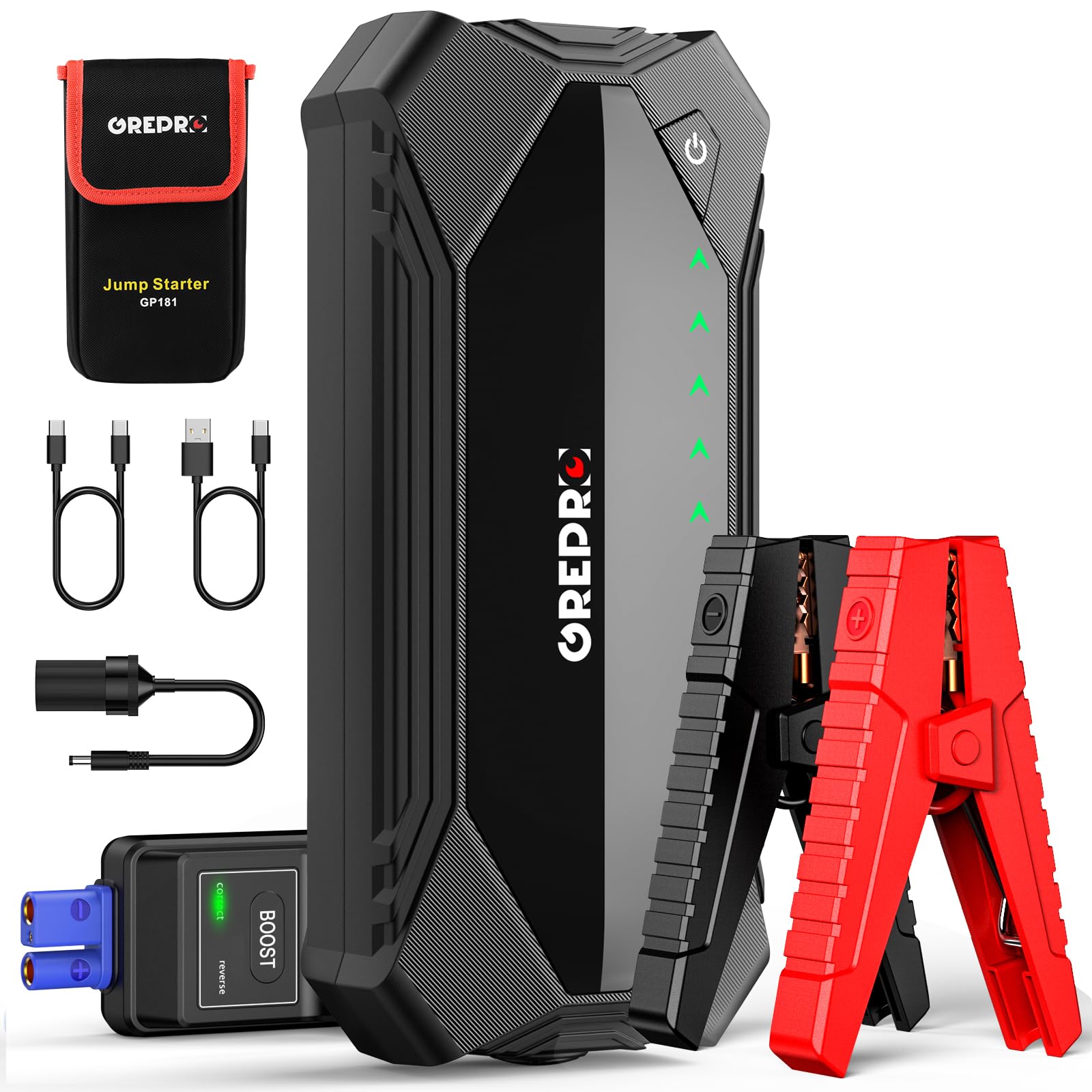 GREPRO Car Jump Starter, 3000A Car Battery Jump Starter Battery Pack (10L Gas & 8.0L Diesel Engines), 12V Battery Booster, Jump Box with Jumper Cables, Car Battery Jumper with LED Light