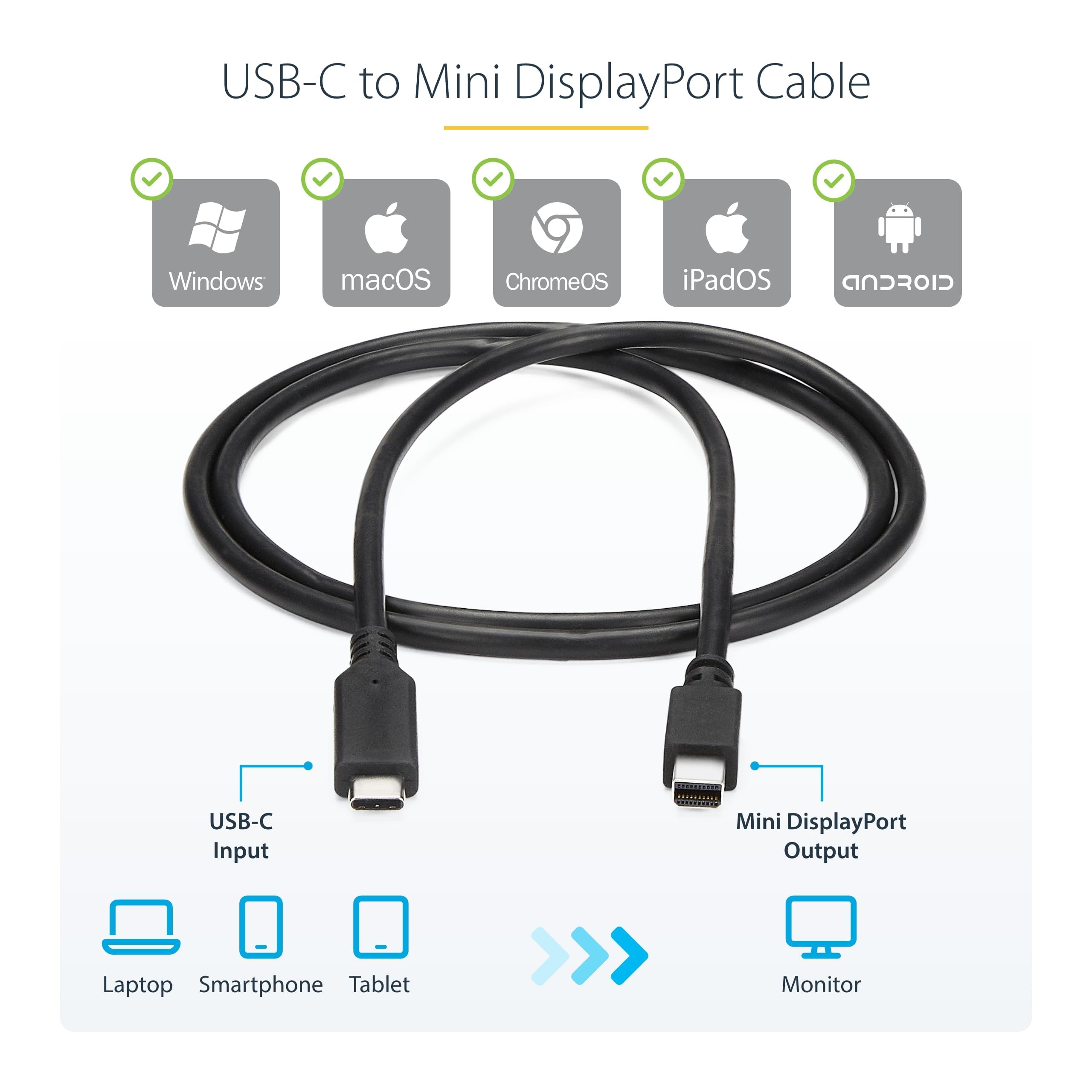 StarTech.com 6ft / 1.8m USB-C to Mini DisplayPort Cable - 4K 60Hz - Black - USB 3.1 Type C to mDP Adapter (CDP2MDPMM6B)