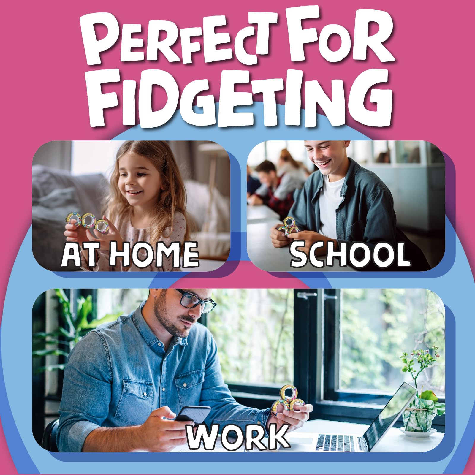 BunMo Fidget Ring Bundle | Spiky Sensory & Magnetic Rings | 3-Pack Fidgets for Adults & Teens 14+