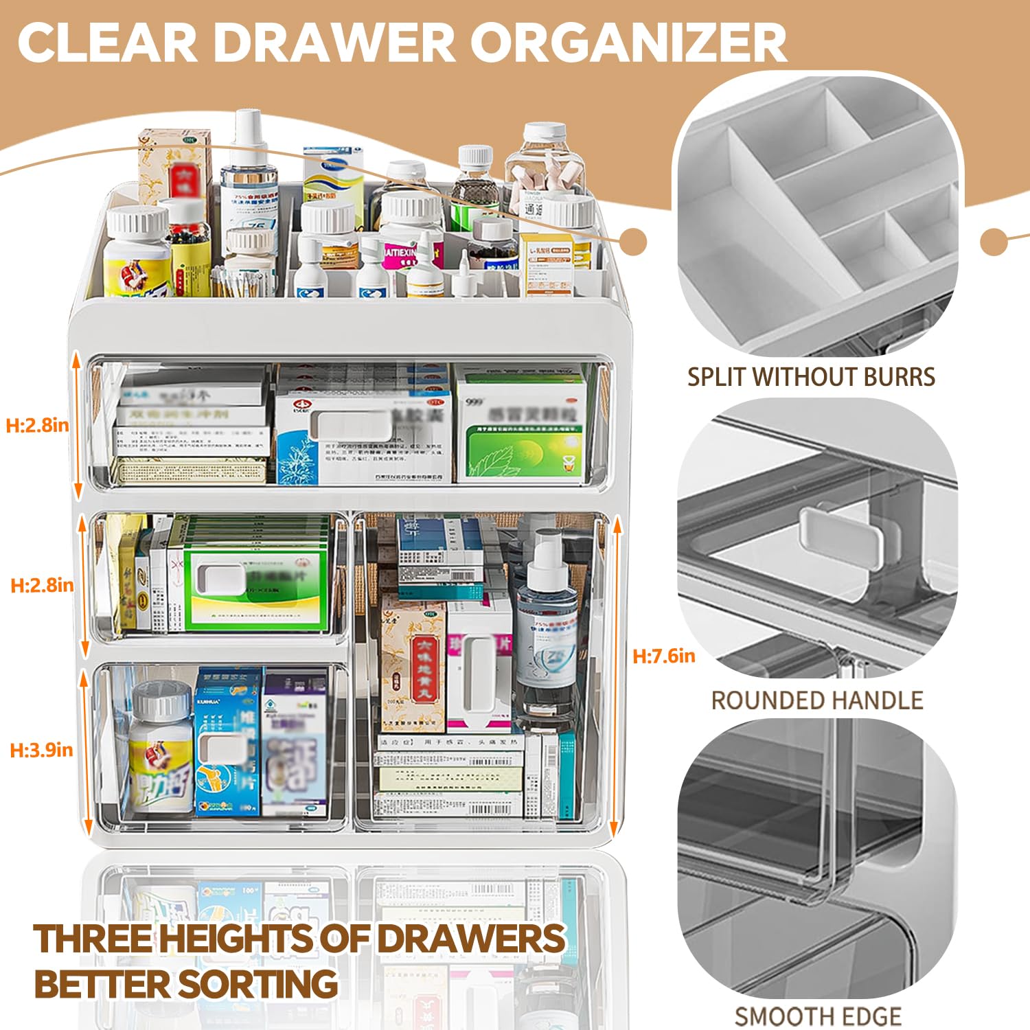 Multidrawer Plastic Storage Box Organizer,Medicine Box-Multifunctional Storage Container,Stationery,Office Items,Easy Access,Family Article Organizer,Organize Medications(White-Tall Drawers-4 Layer)