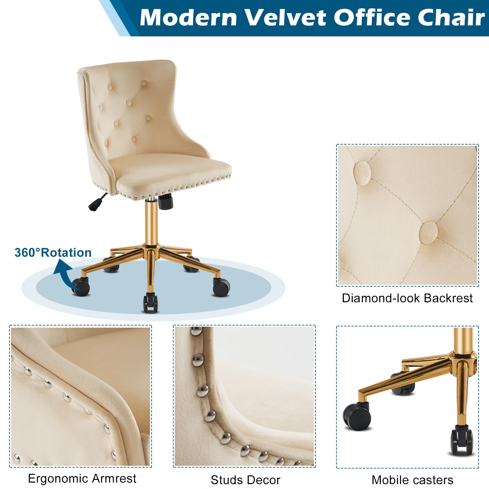 VINGLI Beige Velvet Armless Home Office Desk Chair with Gold Base/Wheels, Small Cute Vanity/Makeup Chair with Back for Bedroom, Upholstered Adjustable Rolling Swivel Nail Chair for Women/Girls