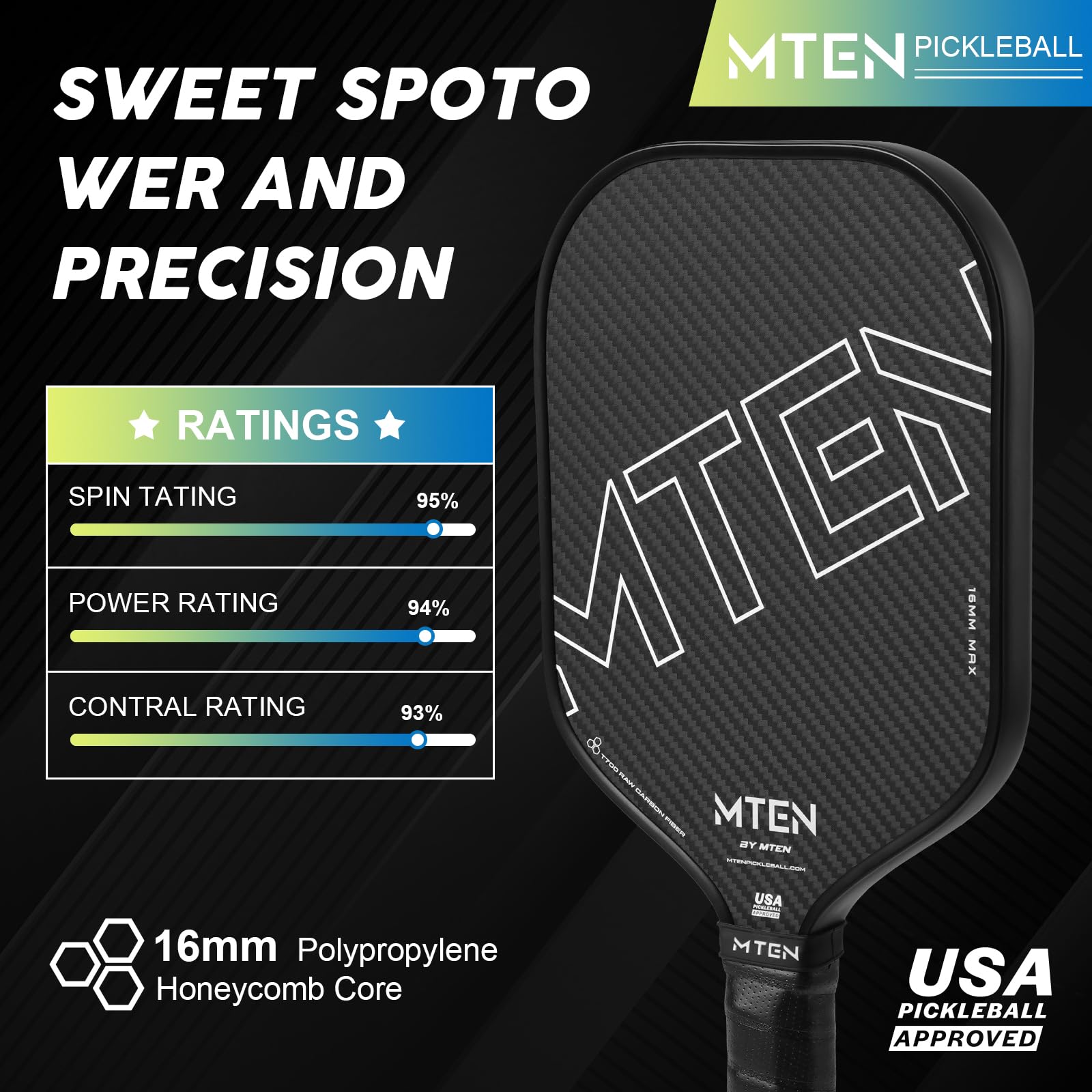 MTEN Pickleball Paddle, Carbon Fiber Pickleball Paddles,16MM Polypropylene Honeycomb Core Carbon Fiberglass Pickleball Paddles, USAPA Approved, Beginners & Pros