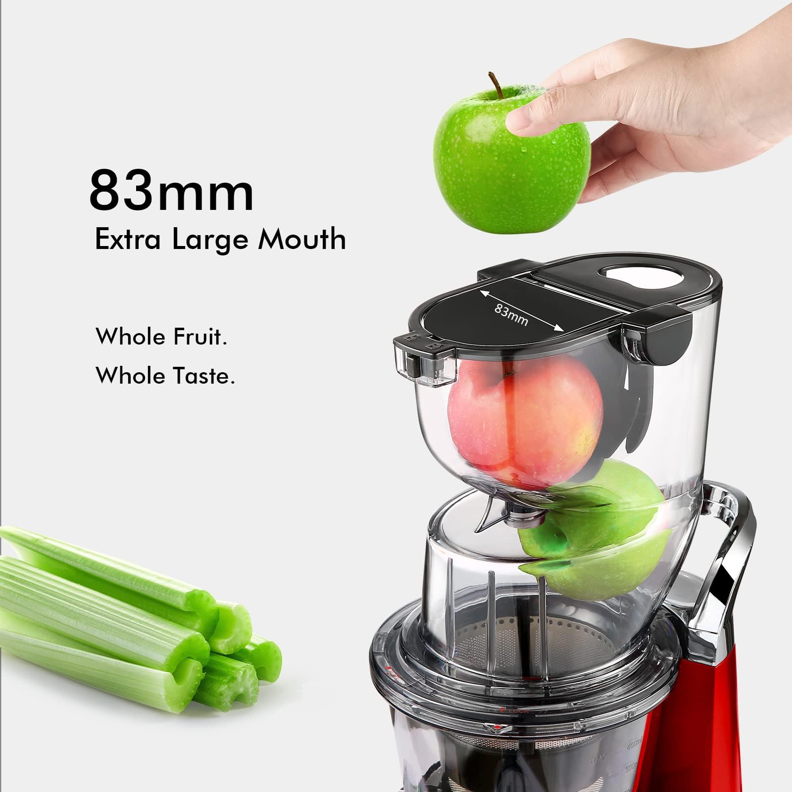 Cold Press Juicer Machine, SiFENE Slow Masticating Juicer, Big Mouth 83mm Opening Ideal for Whole Fruits & Vegetable, Easy-Clean, Quiet Motor (Red)