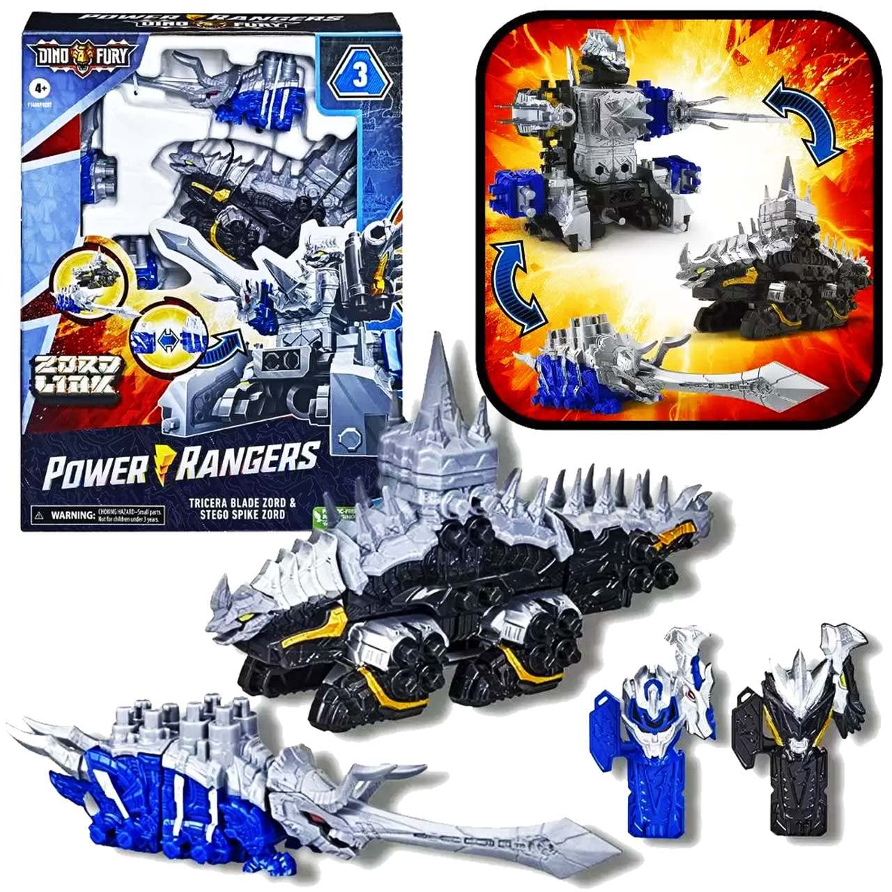 Power Rangers Dino Fury Blue Tricera Blade and Black Stego Spike Zord Toys for Kids Ages 4 and Up Zord Link Mix-and-Match Custom Build System