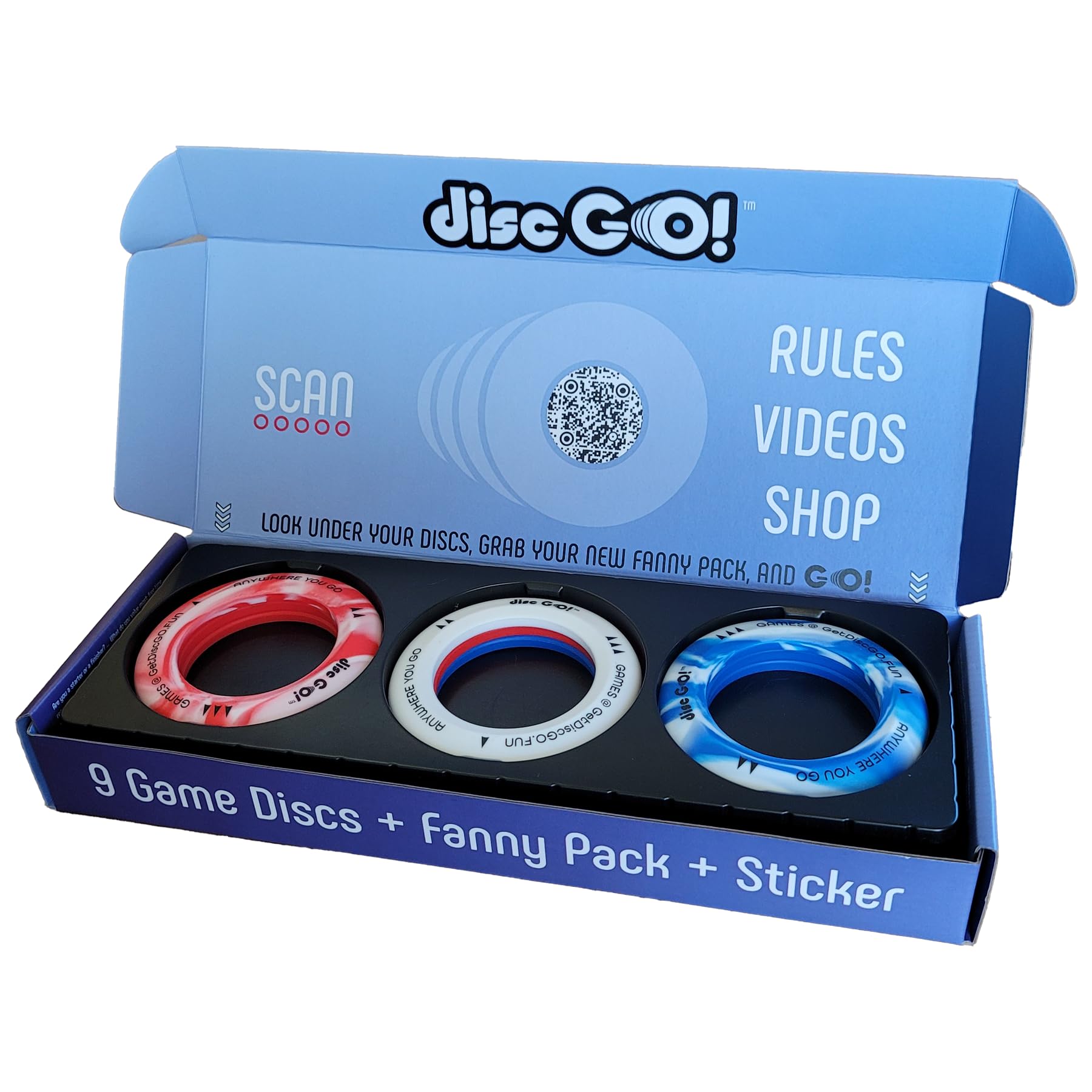 DiscGO! Game 9 Soft Silicone Discs, Play Indoor/Outdoor for Fun, Gift, Family, Camping, Parties, Tailgating, Team Building, Classroom, Portable Travel Games for Kids & Adults (USA Red, White & Blue)