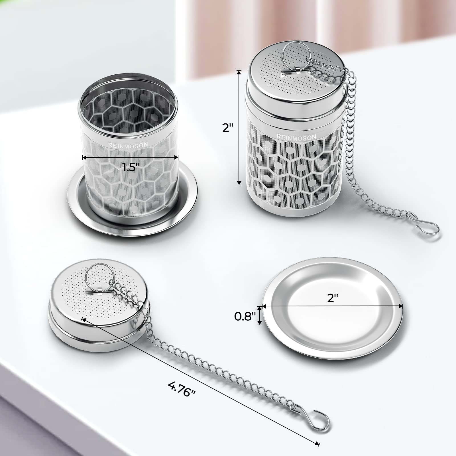 2 Pack Reinmoson Tea Strainers for Loose Tea, Extra Fine Mesh Tea Infuser, 304 Stainless Steel & Updated Slim Threaded Lid, Loose Leaf Tea Steeper for Black Tea, Rooibos, etc