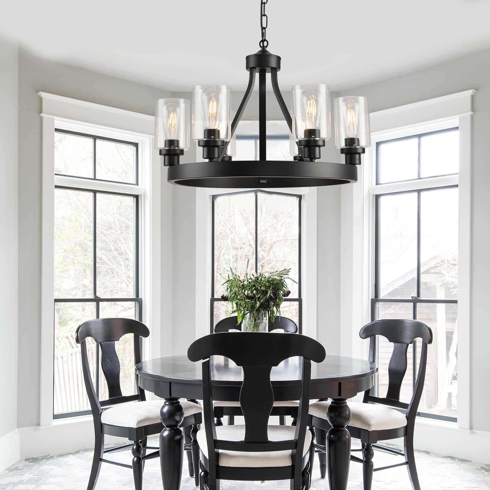 6 Light Farmhouse Chandelier, Black Dining Room Light Fixtures Ceiling Hanging Metal Wagon Wheel Chandeliers Black Pendant Light Fixtures for Kitchen Island, Dining Room, Living Rooom, Bedroom,Foyer