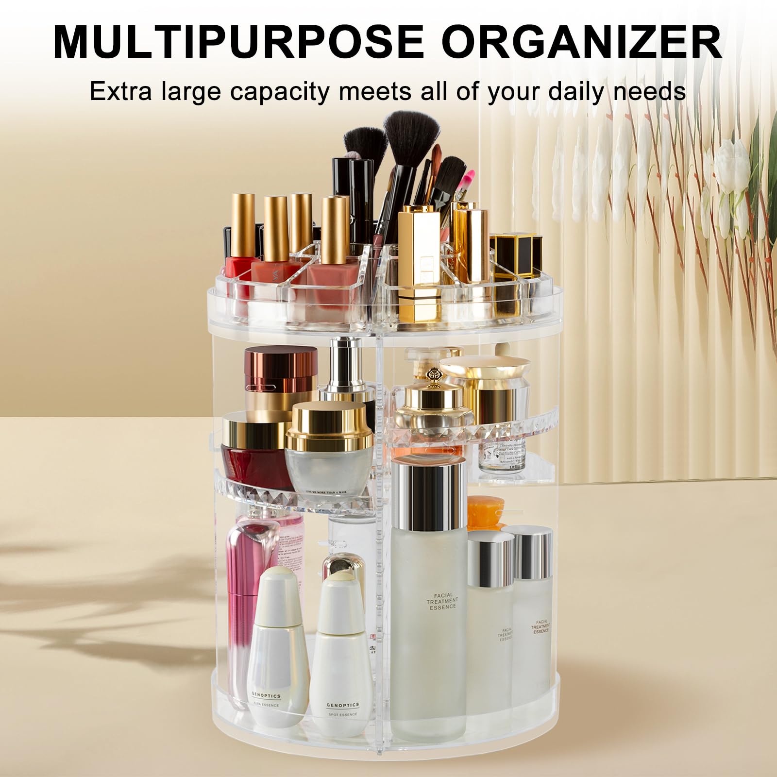 AMEITECH Makeup Organizer, 360 Degree Rotating Adjustable Cosmetic Storage Display Case with 8 Layers Large Capacity, Fits Jewelry, Makeup Brushes, Lipsticks and More, Clear