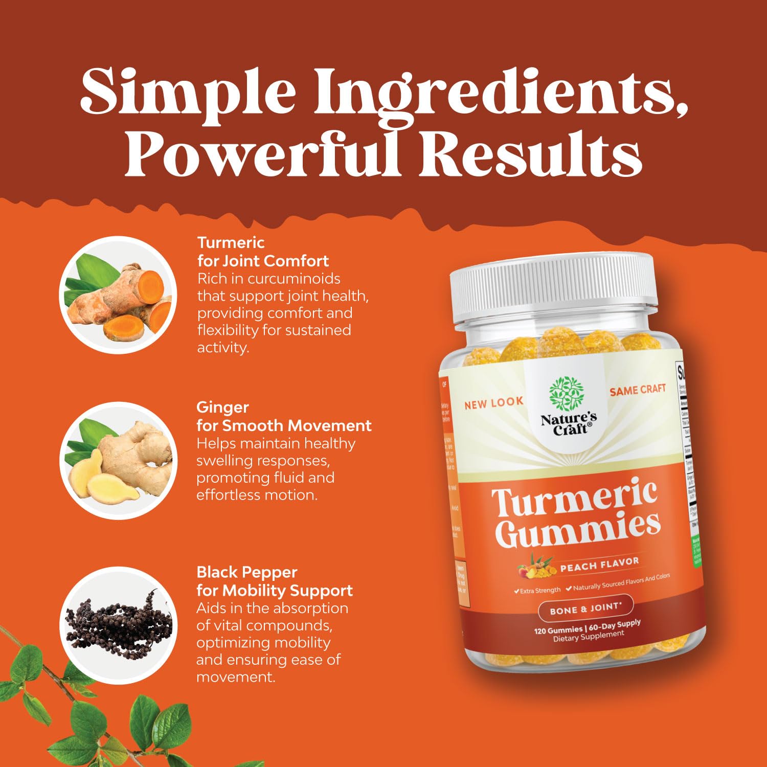 Turmeric Gummies for Adults Peach Flavor - Extra Strength Joint Support Gummies with Turmeric Curcumin with Black Pepper Extract and Ginger - Turmeric and Ginger Peach Gummies Vitamins for Adults