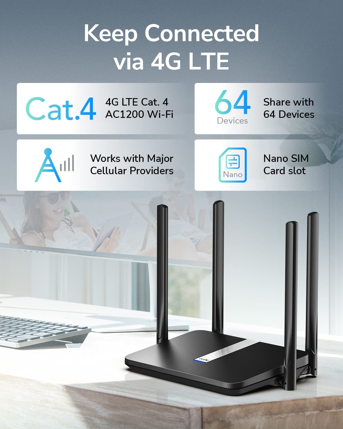 Cudy AC1200 Dual Band Unlocked 4G LTE Modem Router with SIM Card Slot, 1200Mbps Mesh WiFi, 5dBi High Gain Antennas, DDNS, VPN, Cloudflare, LT500