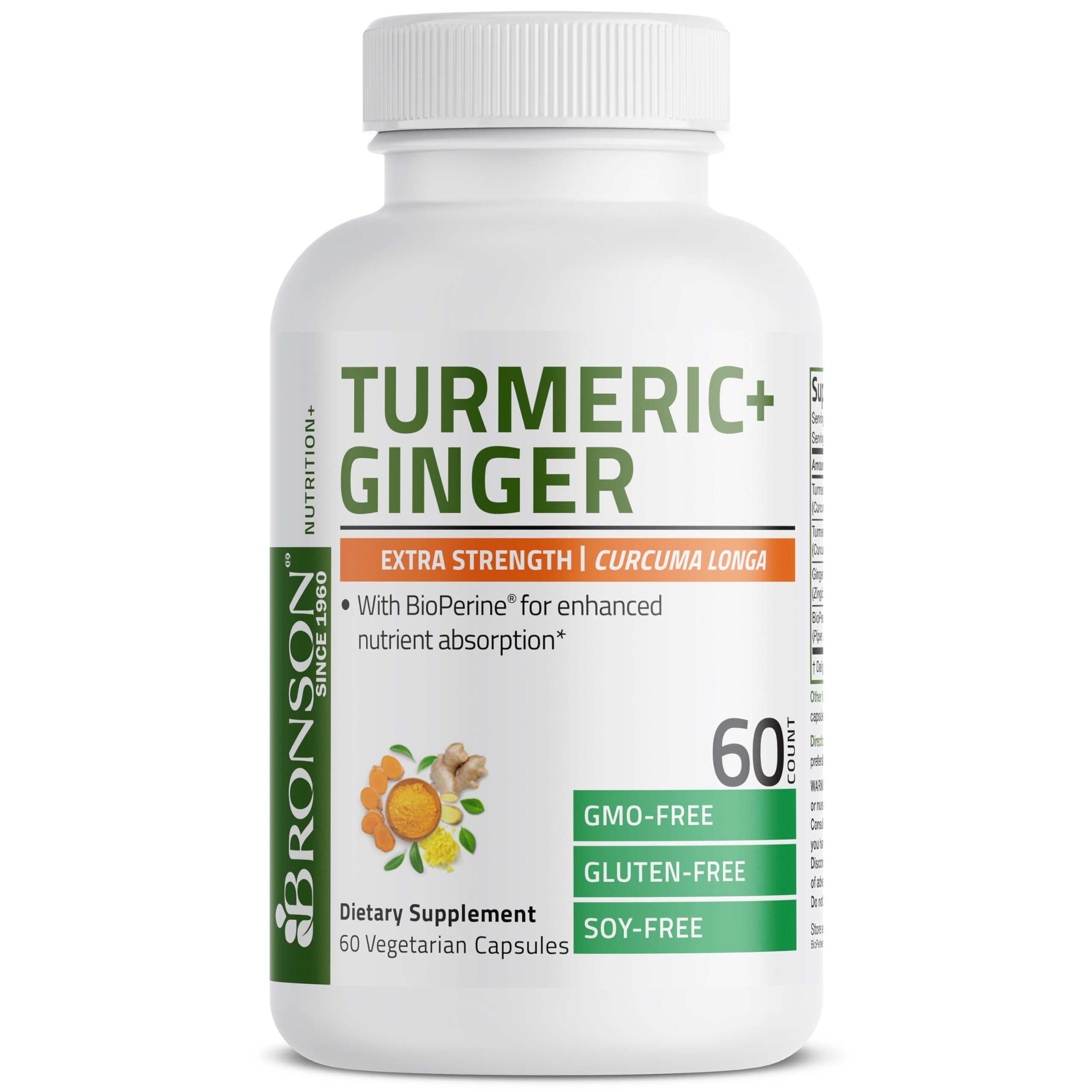 Bronson Turmeric + Ginger Extra Strength Joint Health & Digestion Support with BioPerine, Non-GMO, 60 Vegetarian Capsules