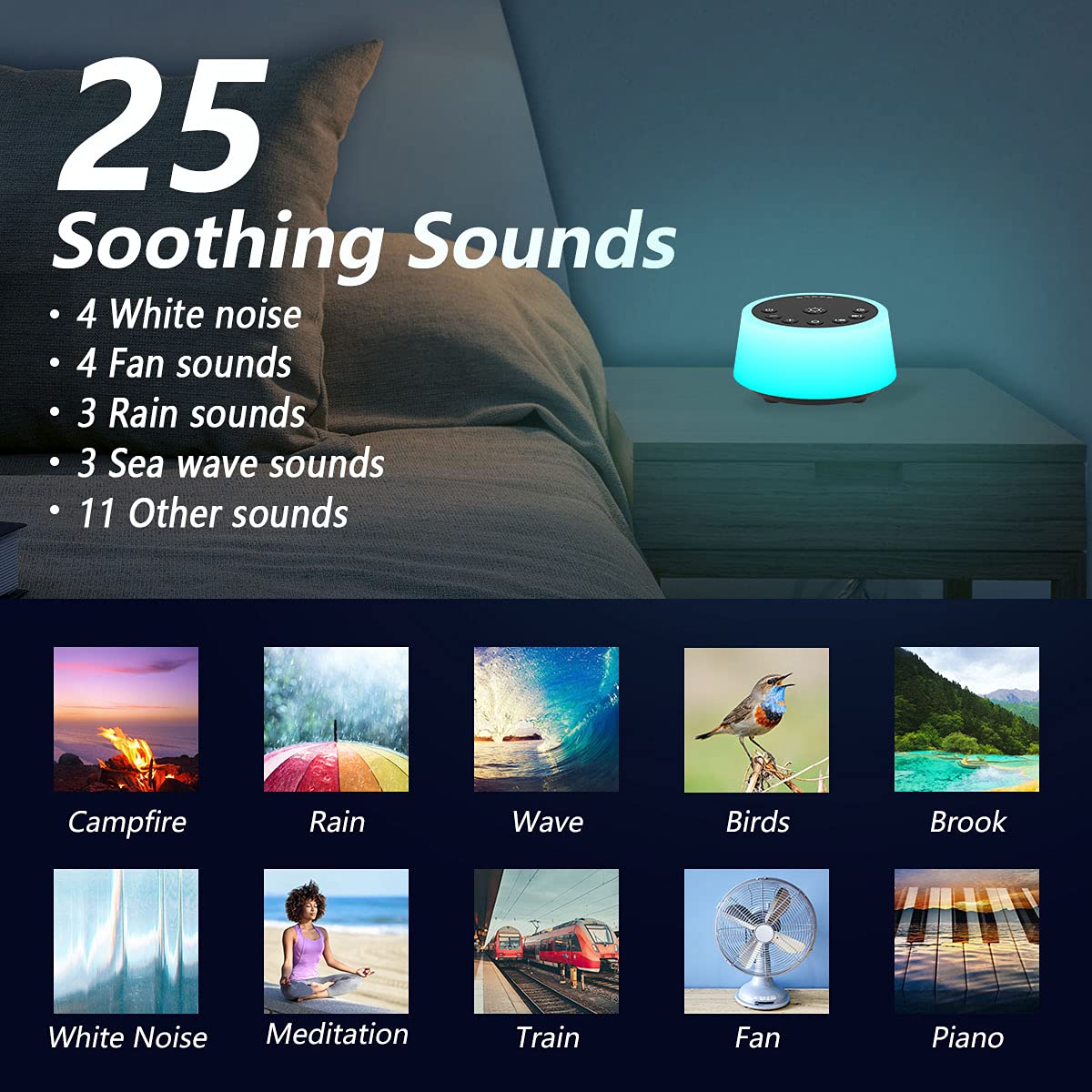 Color Noise Sound Machines with 10 Colors Night Light 25 Soothing Sounds and Sleep White Noise Machine 32 Volume Levels 5 Timers Adjustable Brightness Memory Function for Adults Kids Baby