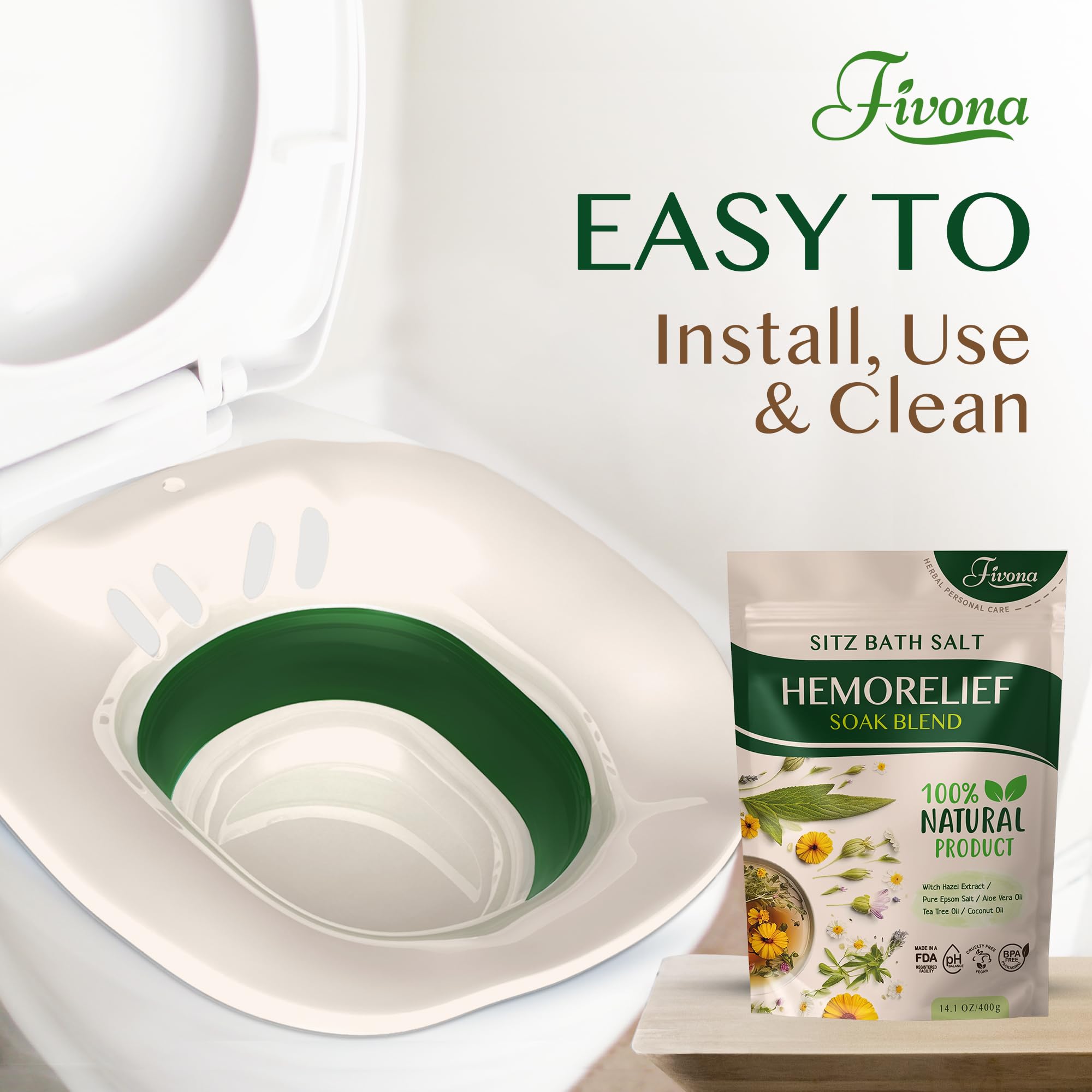Fivona 2-in-1 Sitz Bath Soak Kit Over The Toilet Seat with Epsom Salt Blend with Essential Oils for Hemorrhoids and Postpartum Care Ideal for Perineal Soaking and Fast Irritation Relief