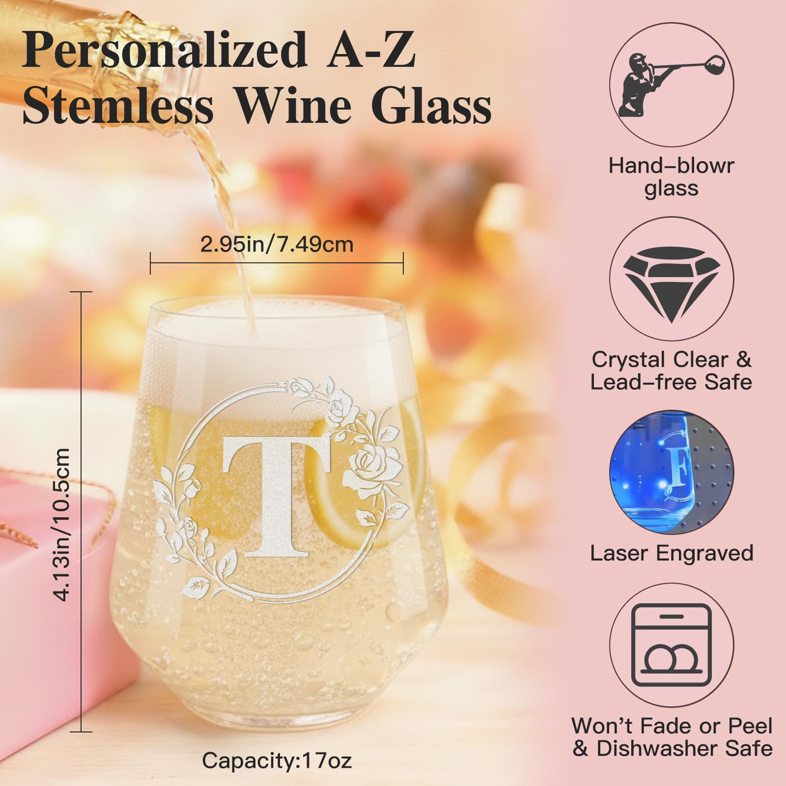 Personalized Stemless Wine Glass – Custom Engraved Monogrammed Initial Glasses，Bridal Shower, Birthday, Wedding, or Engagement Gift for Women Her-T