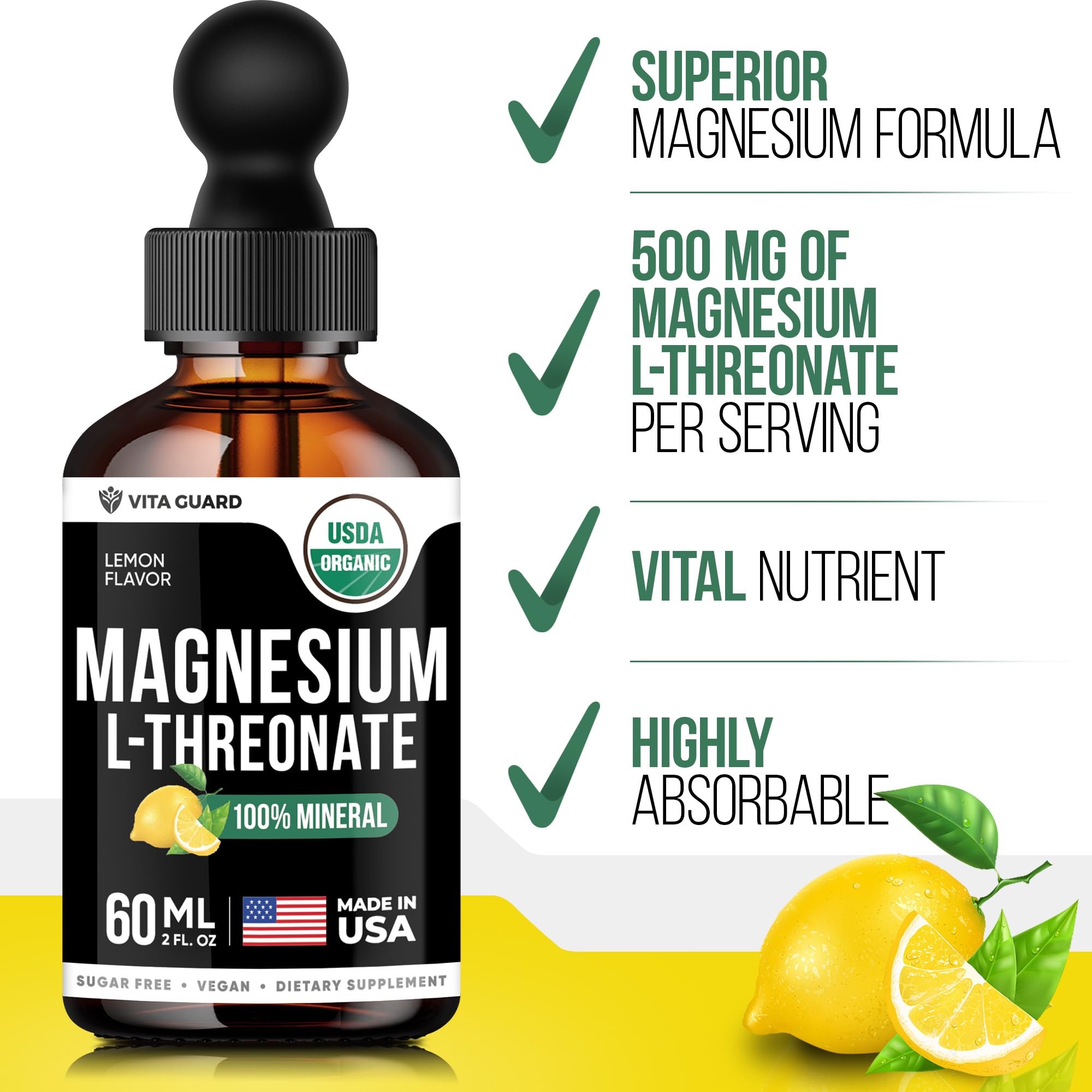 Magnesium L-Threonate Liquid Drops - 500mg Vegan Formula for Brain Health, Lemon Flavor, 60ML (2 fl oz) | Gluten-Free, Non-GMO