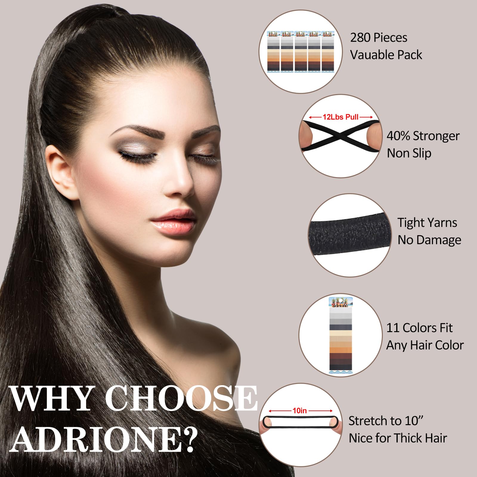 ADRIONE Elastic Hair Ties Rubber Bands Hair Elastic Ponytail Holder - 280 Bulk 4MM x 2 Inch for Women, Girls, Kids, Little Girl, Men - No Damage, Ouchless, No Slip ponytails for Thick, Thin, Fine Hair