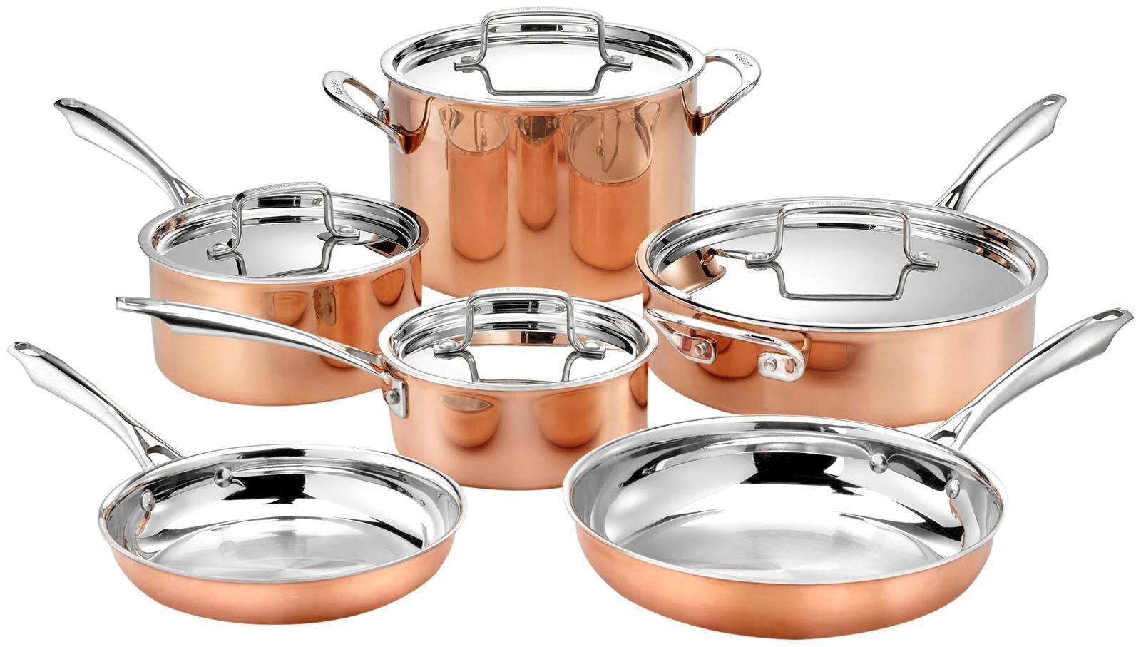 Cuisinart 10pc Tri-Ply Cooper Cookware Set: 1qt with Cover,2.5qt with Cover,4qr Saute with Cover and Helper Hander, 8" and 10" Skillets, 8 Quart Stock Pot, 10 Piece Set, Copper