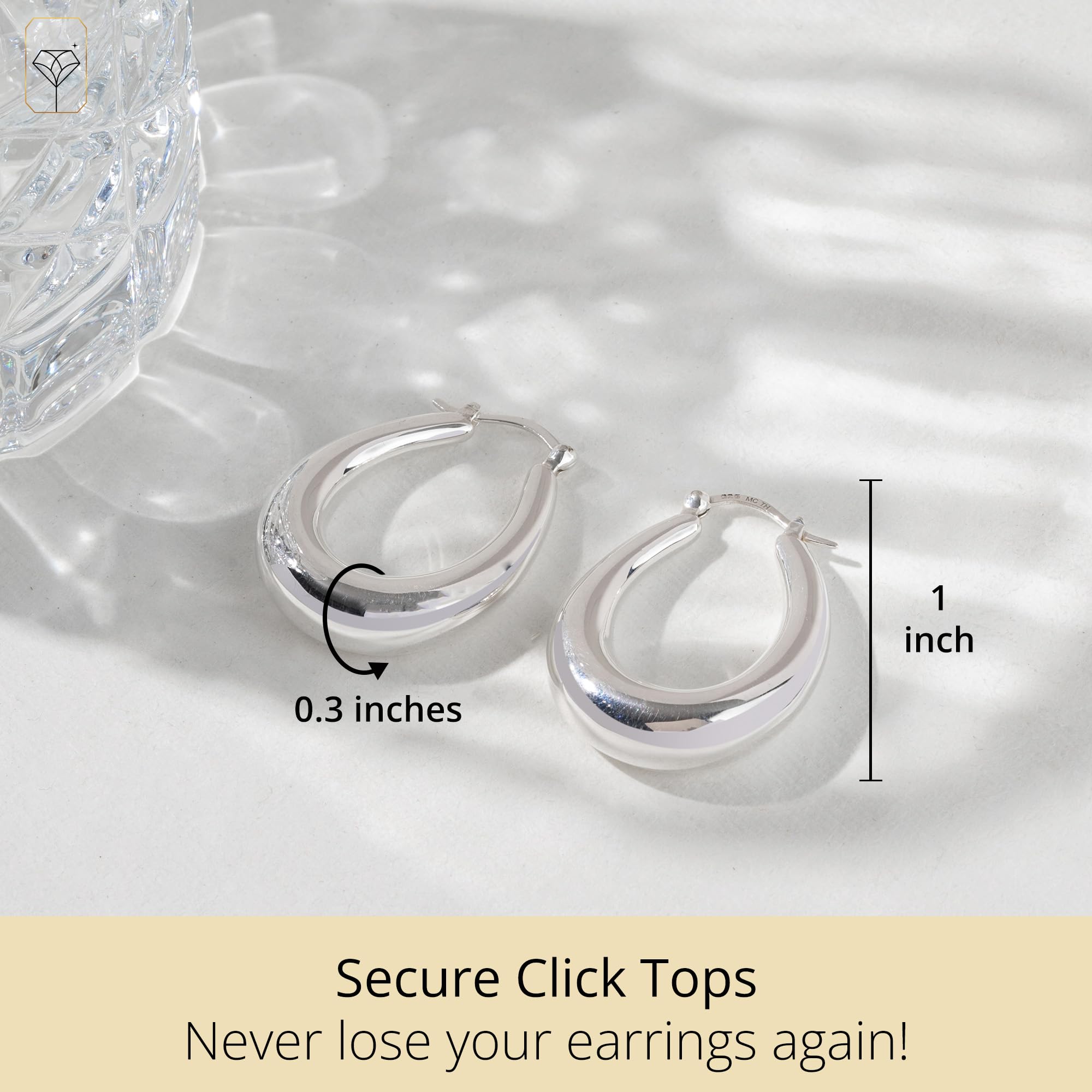 MAX + STONE Sterling Silver Hoop Earrings for Women | Lightweight Silver Chunky Hoop Earrings | Hypoallergenic 925 Sterling Silver Earrings for Women | Oval Thick Hoop Earrings for Women