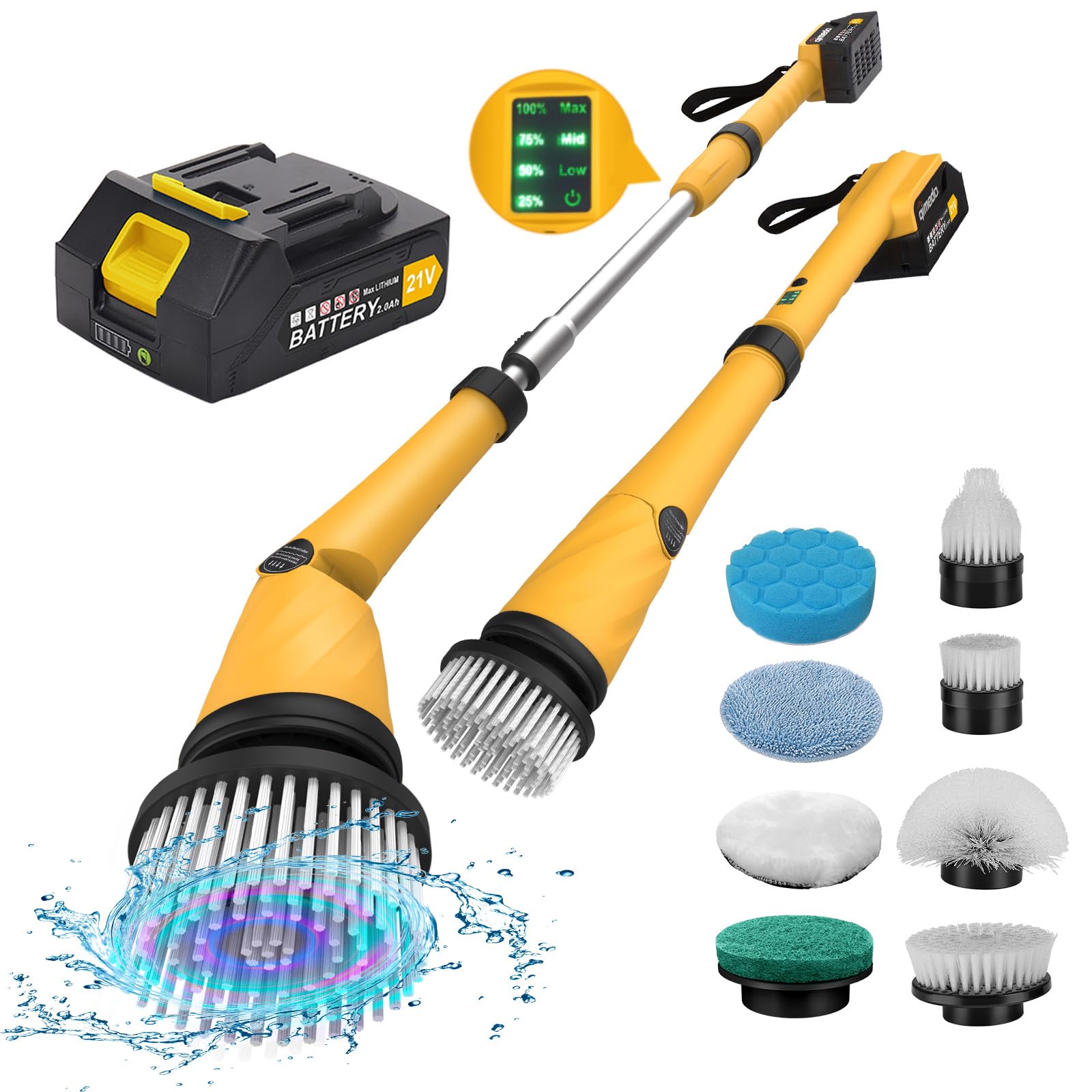 Qimedo 1200 RPM Battery Electric Spin Scrubber, Highly Powerful Cordless Cleaning Brush with Smart Display, Electric Tile Floor Scrubber with 8 Brushes, Battery Powered Shower Scrubber