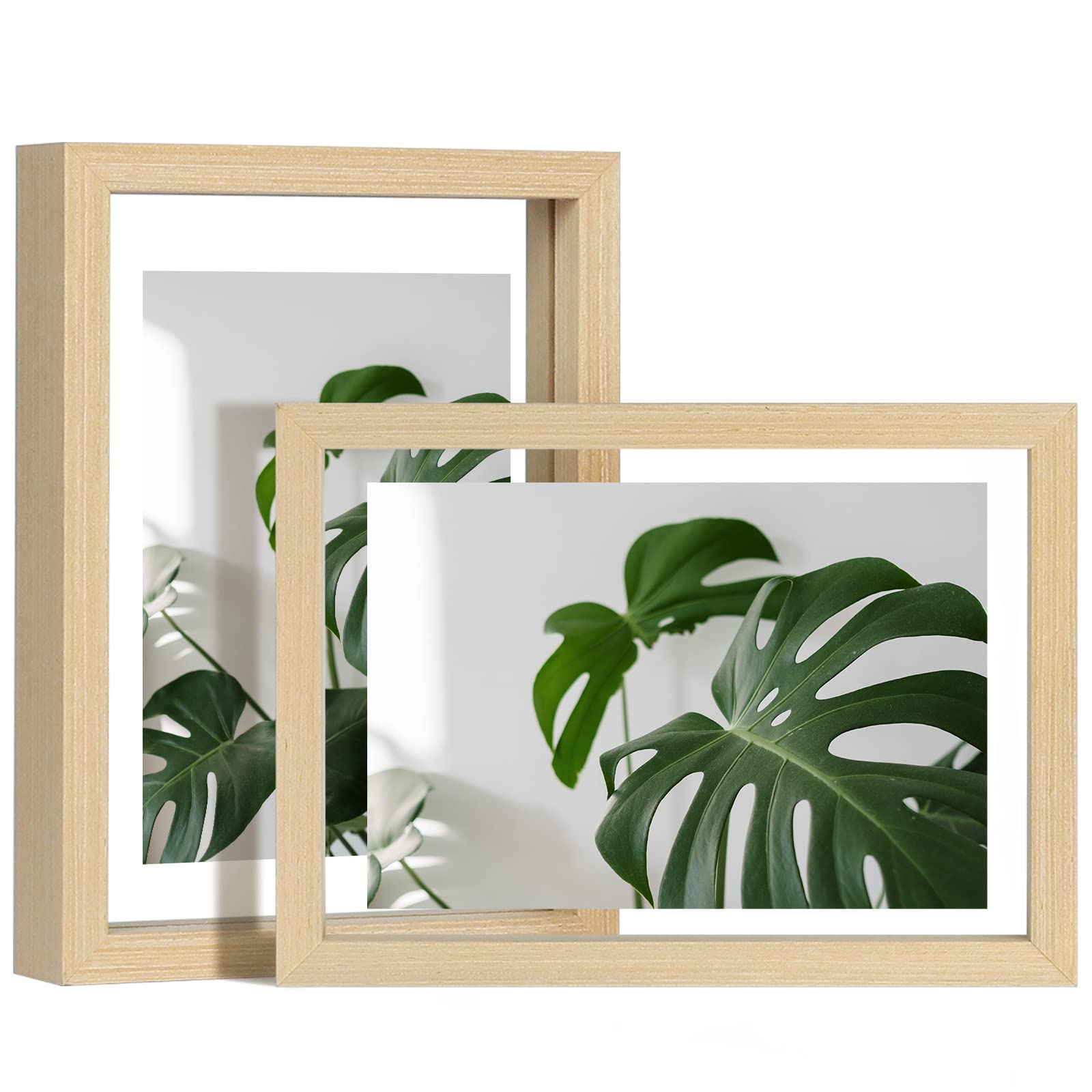 Egofine 5x7 Floating Frames Set of 2, Double Glass Picture Frame, Made of Solid Wood Display Any Size Photo up to 5x7, Wall Mount or Tabletop Standing, Natural Wood