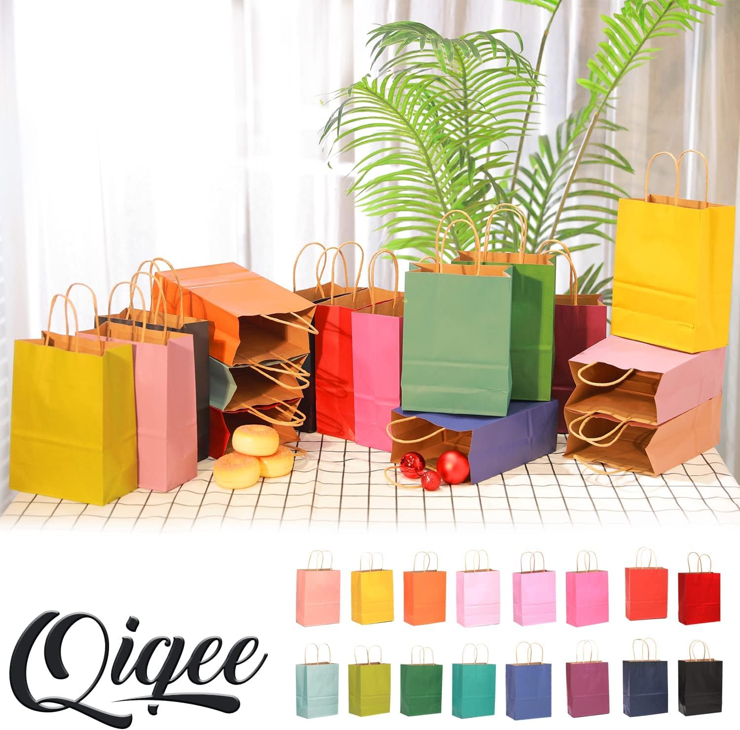 qiqee 32-Packs Paper Bags with Handles Bulk 7.6"x4.75"x10.5" Medium Gift Bags 16 Different Senior Color Bags Multiple Uses（Medium Size）