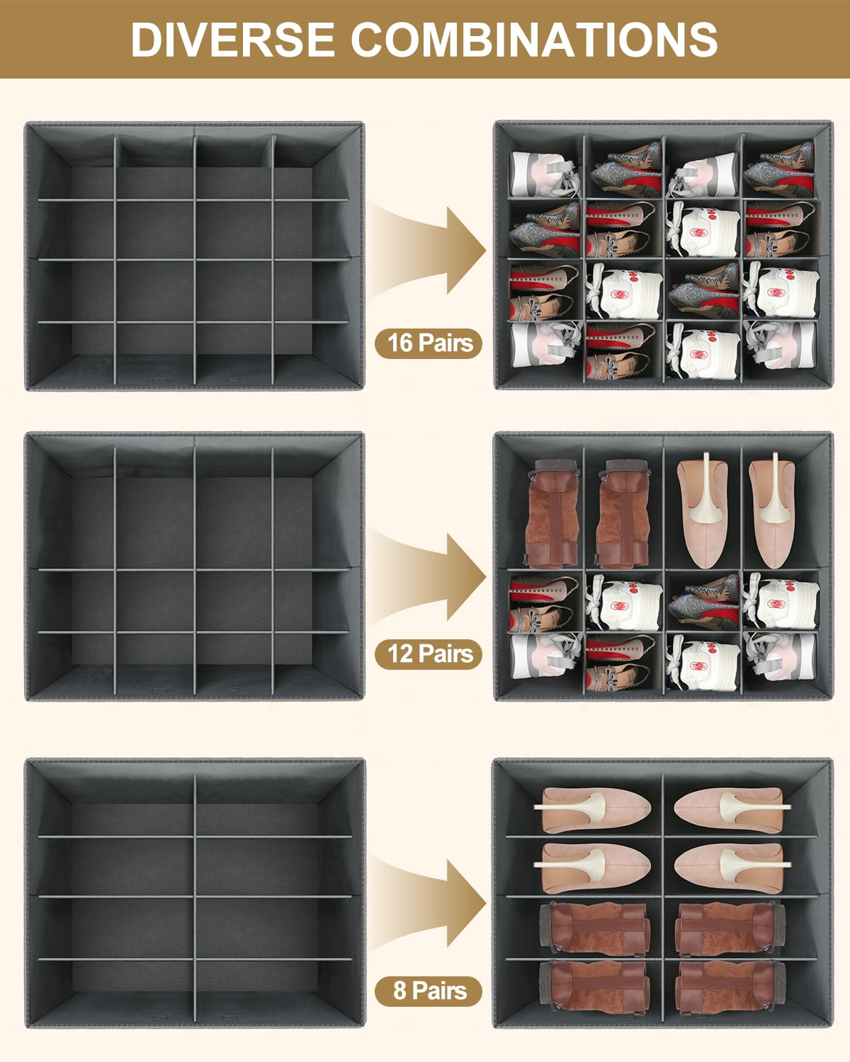 NEATJELAI Shoe Organizer for Closet, Collapsible Shoe Storage Organizer with Clear and Adjustable Cover, Space Saving Shoe Box Closet Shoe Organizer with Handle, Fits 16 Pairs, Grey