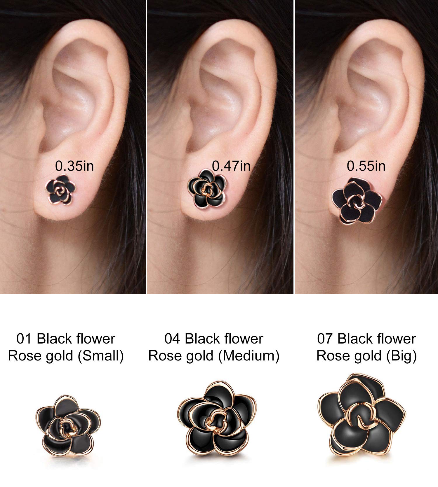 Flower Stud Earrings Hypoallergenic for Women - 18K Gold Plated Rose Earrings for Sensitive Ears, Nickel Free (Large Black)